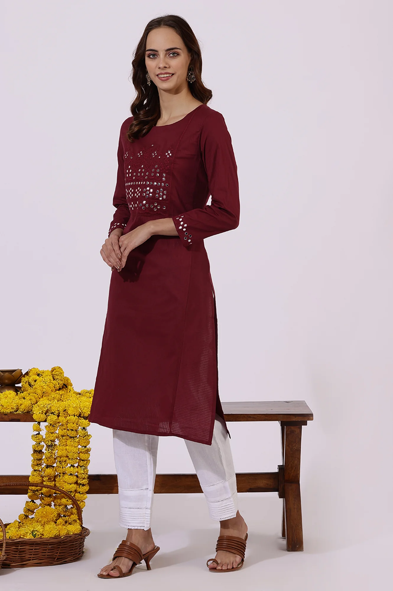 Maroon Solid Mirror Work Pure Cotton Straight Kurta - Image 4
