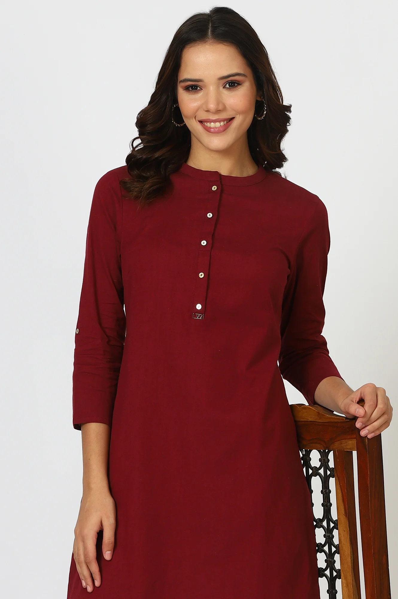 Maroon Solid Straight Cotton Kurta