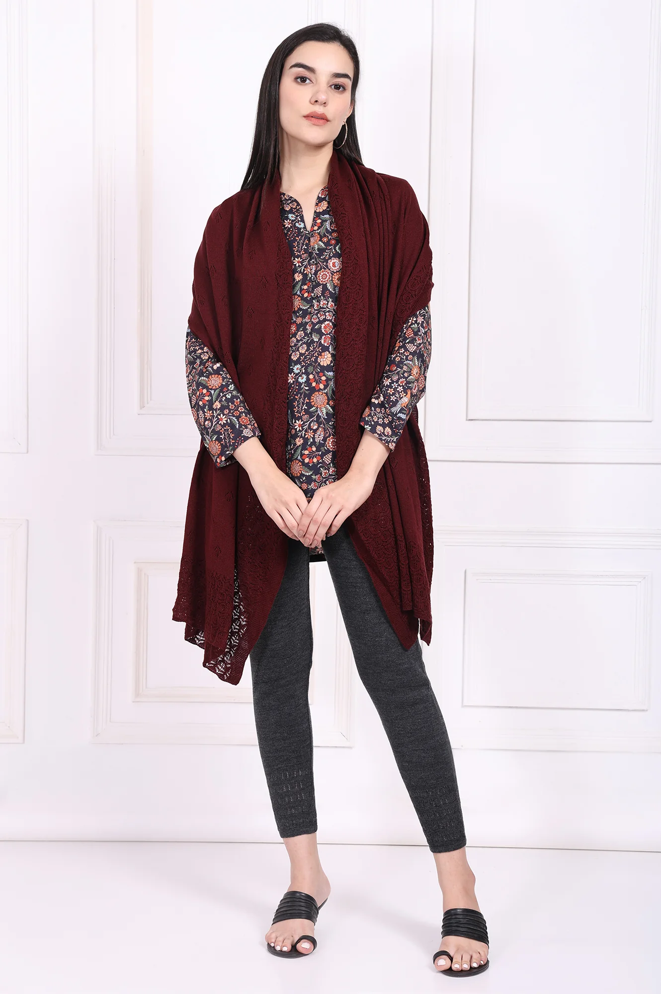 Maroon Textured Acrylic Winter Stole - Image 2