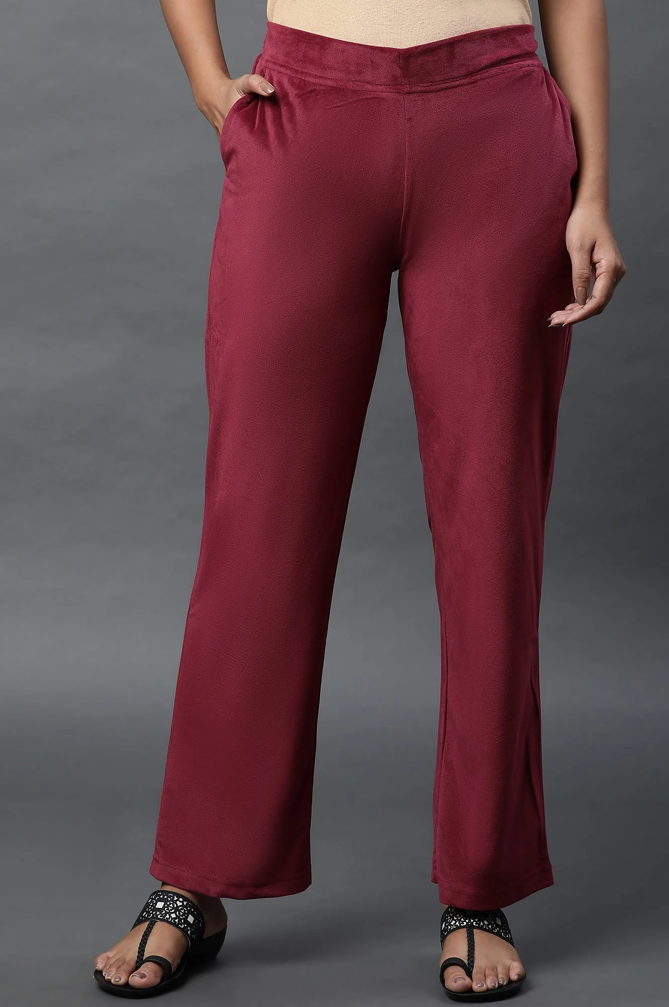 Maroon Solid Straight Fit Velvet Pants With Elasticated Waist