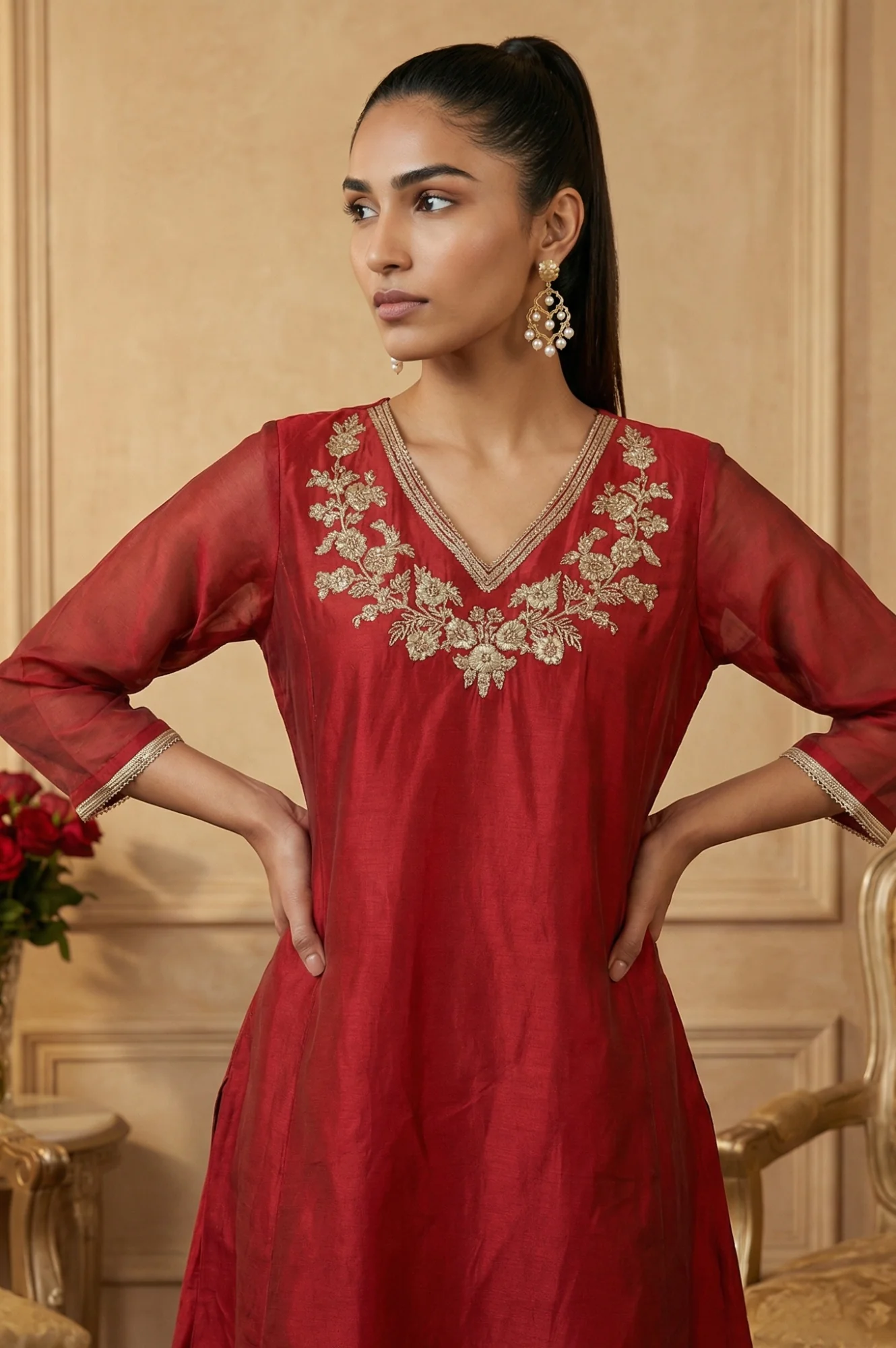 Maroon Yarn Dyed Zari Embroidered Straight Chanderi Kurta - Image 3
