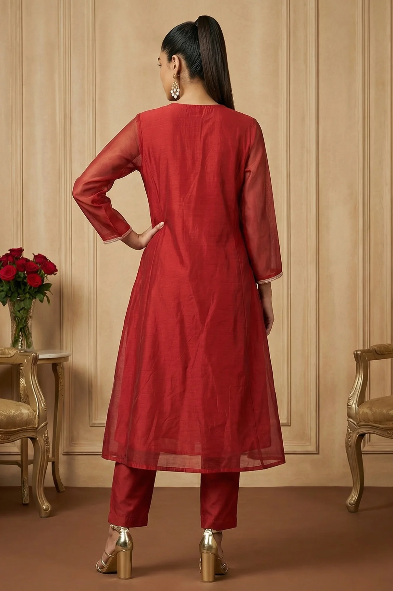 Maroon Yarn Dyed Zari Embroidered Straight Chanderi Kurta - Image 5