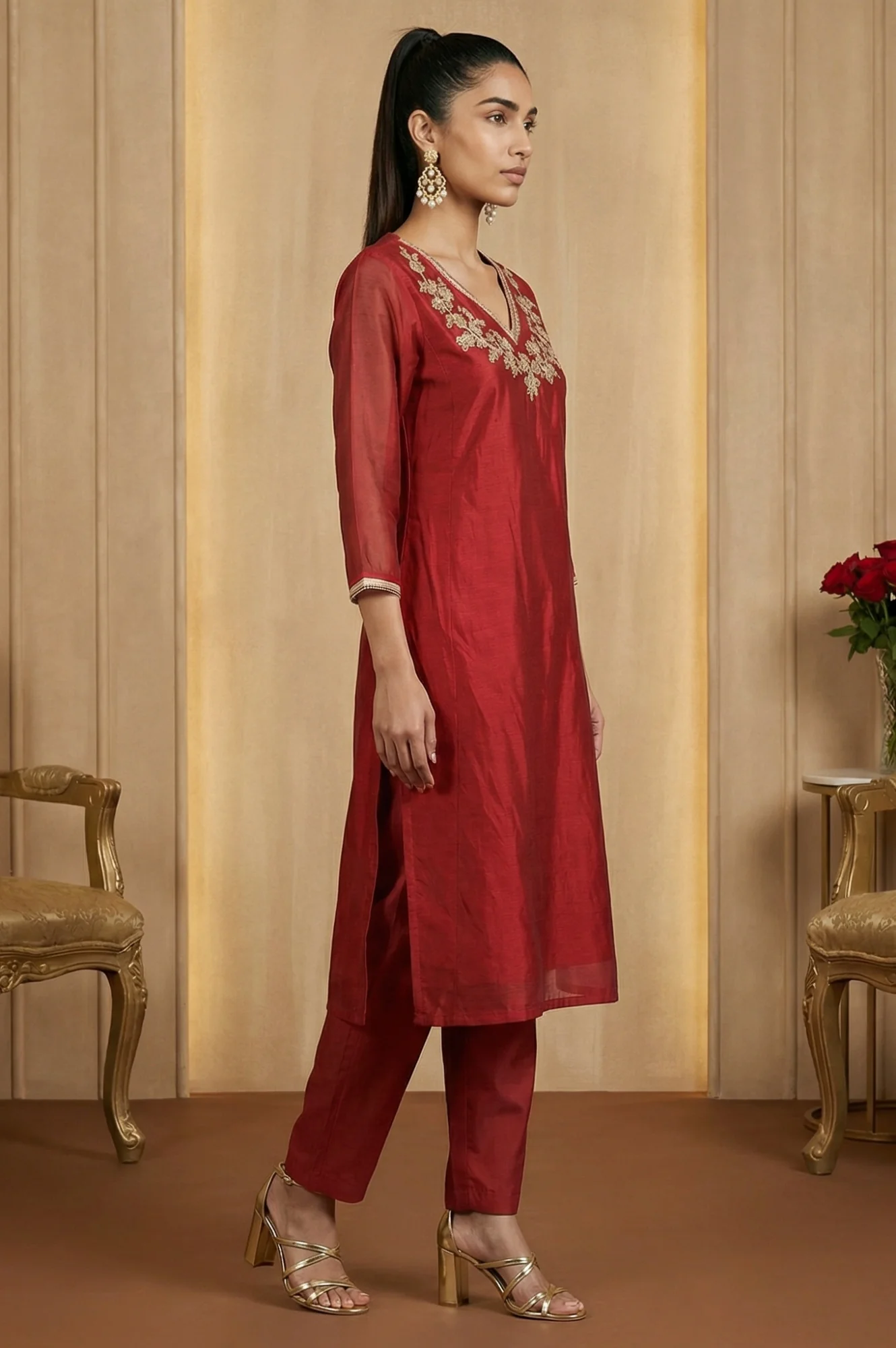 Maroon Yarn Dyed Zari Embroidered Straight Chanderi Kurta - Image 6