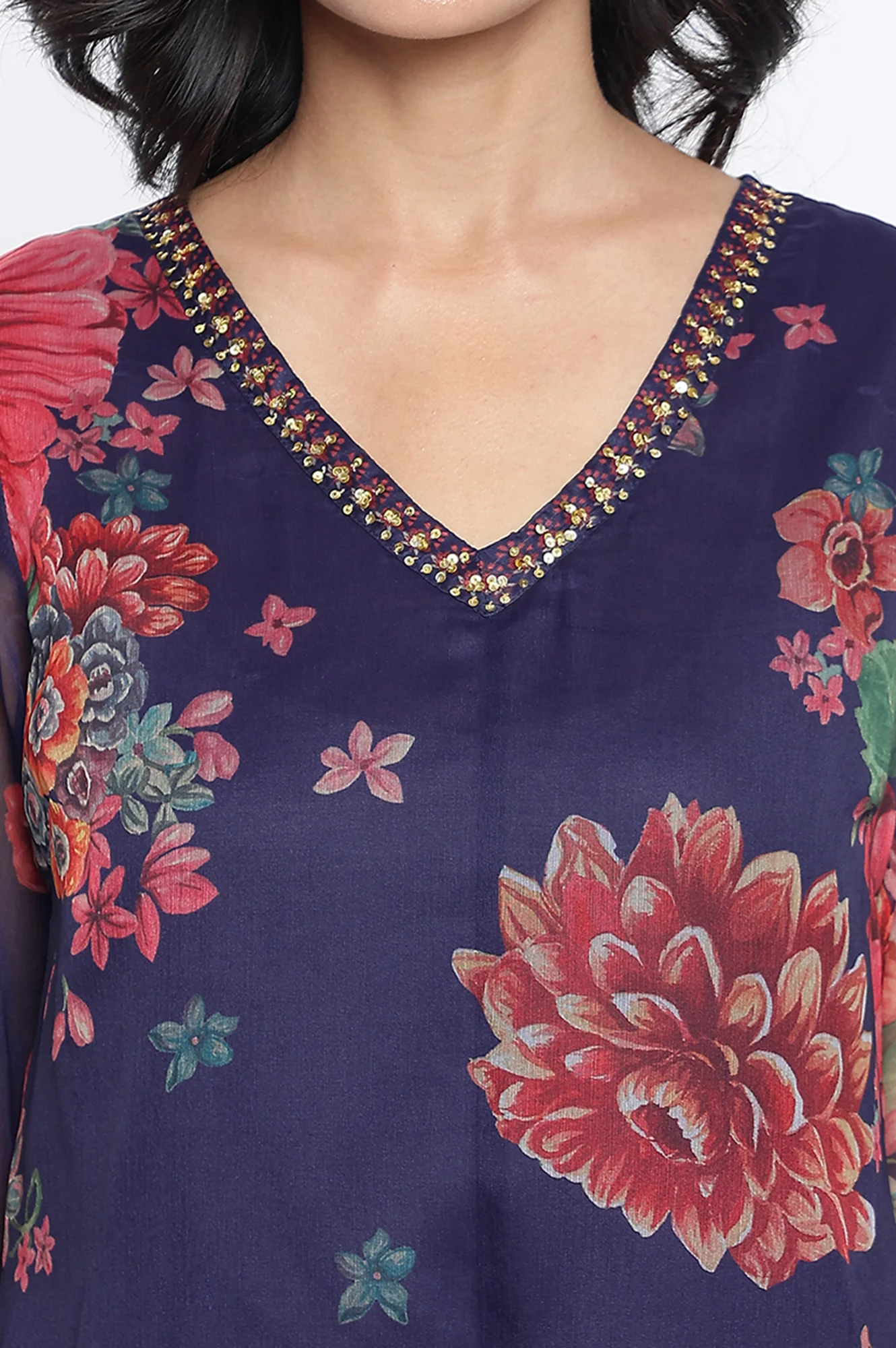 Midnight Blue Printed Silver Chiffon A-line Kurta - Image 2