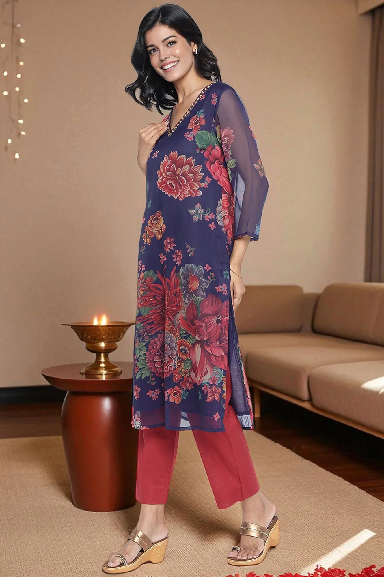 Midnight Blue Printed Silver Chiffon A-line Kurta - Image 3