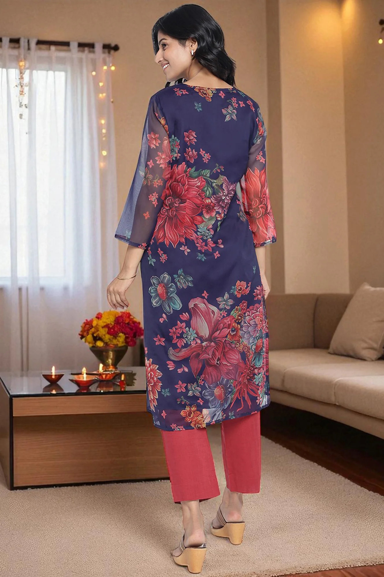 Midnight Blue Printed Silver Chiffon A-line Kurta - Image 4