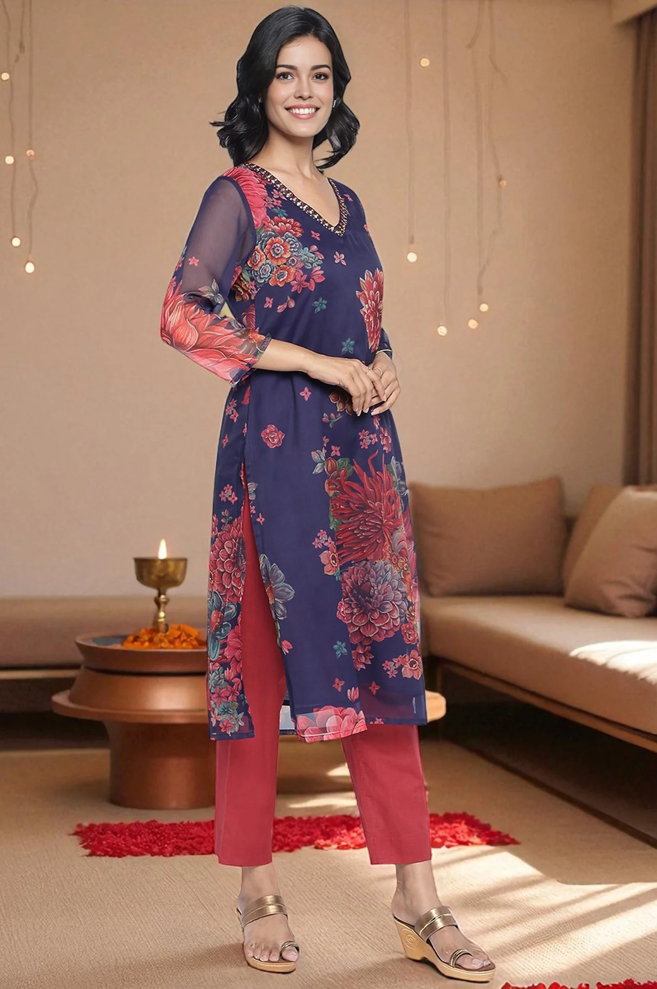 Midnight Blue Printed Silver Chiffon A-line Kurta - Image 5