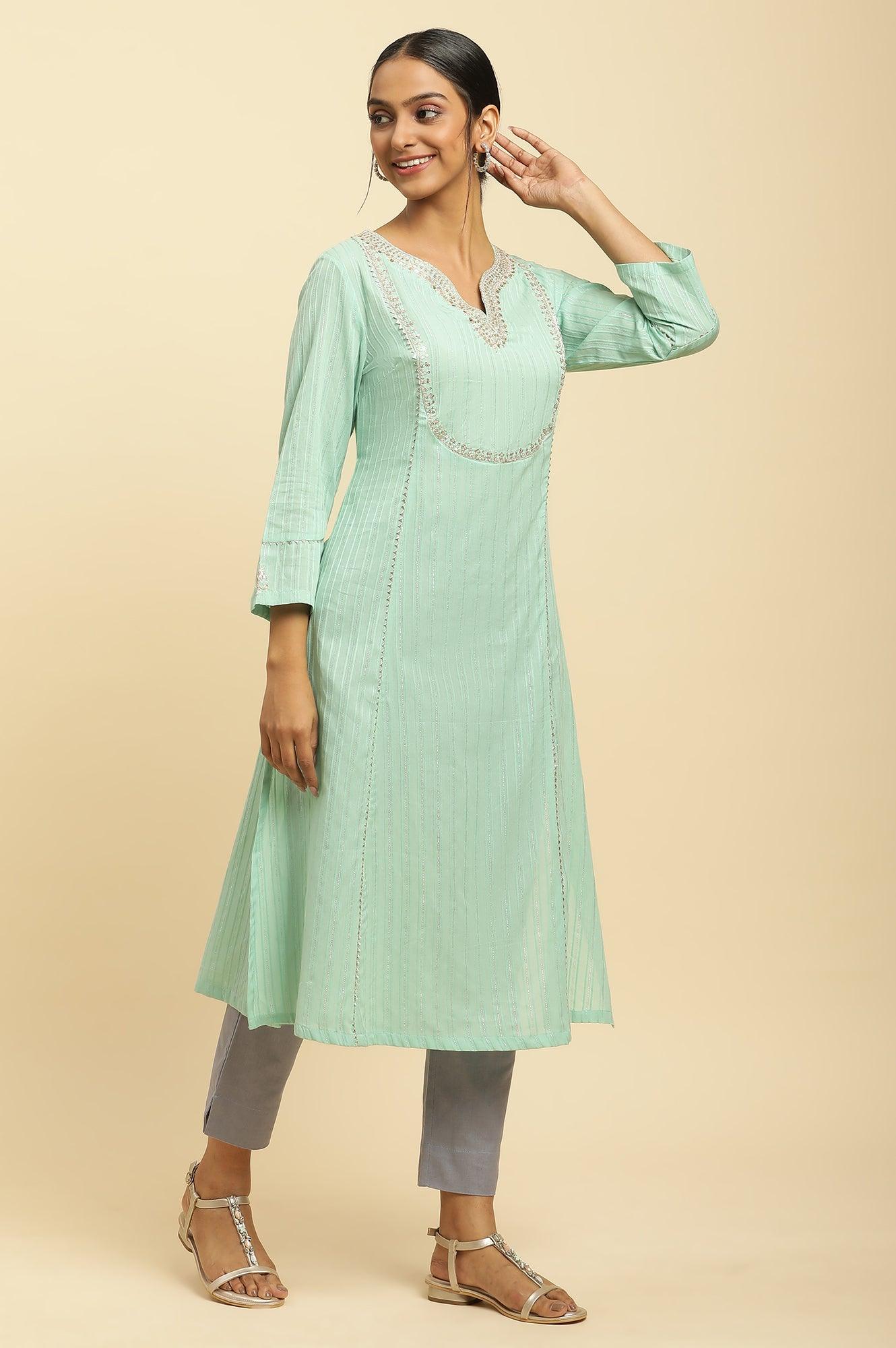 Mint Blue Embroidered Heavy Festive Kurta - Image 5