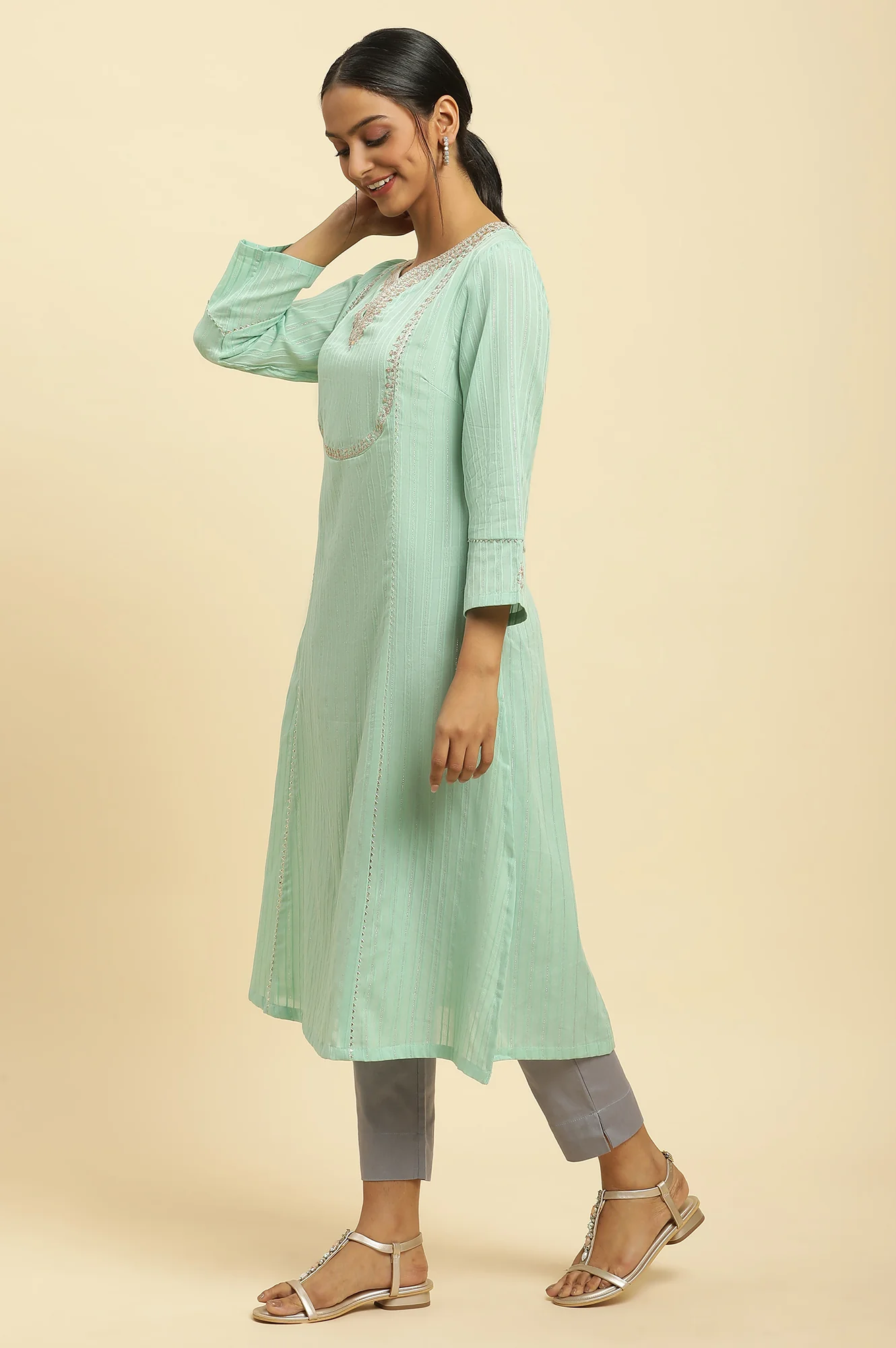 Mint Blue Embroidered Heavy Festive Kurta - Image 3