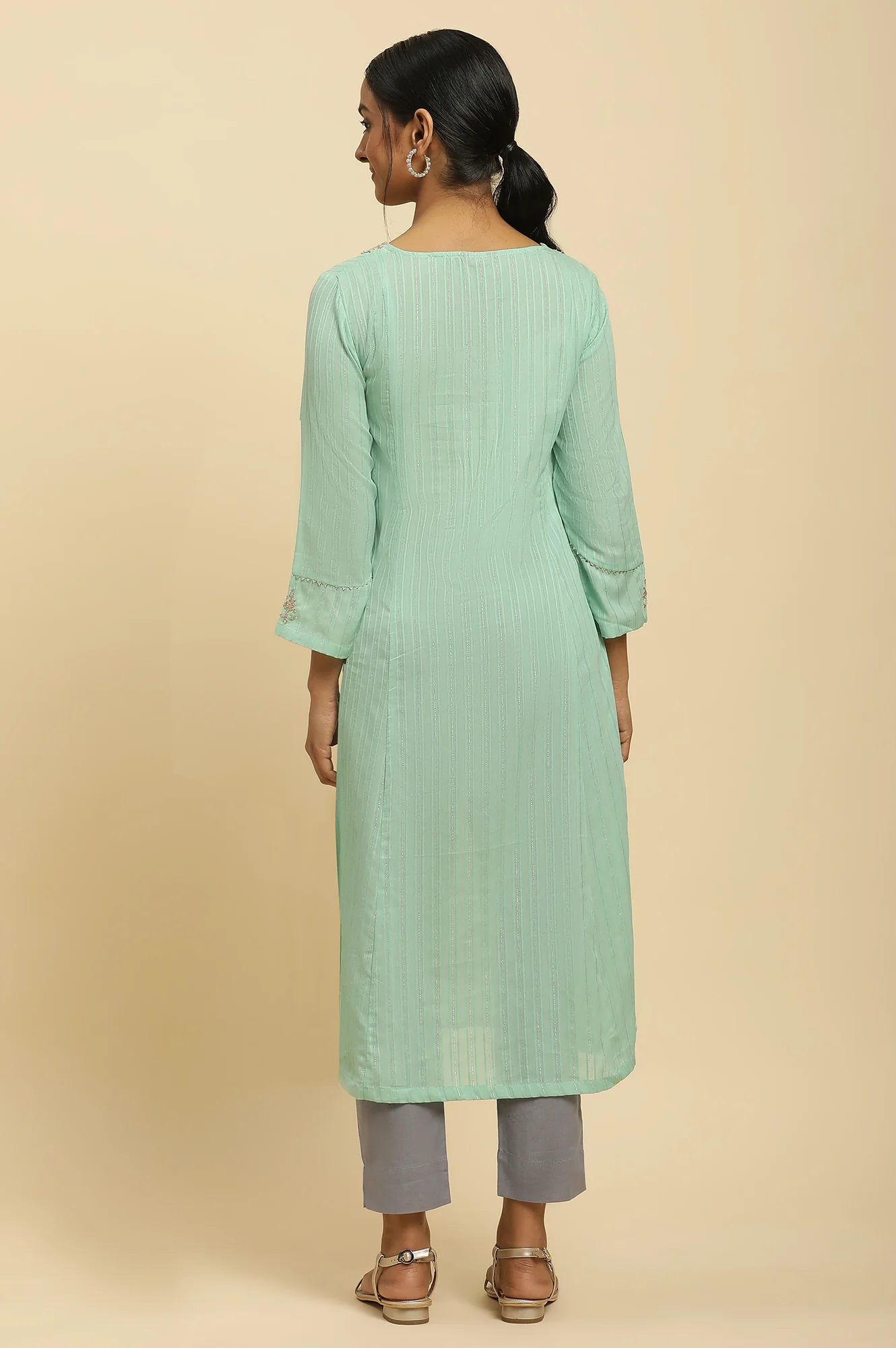 Mint Blue Embroidered Heavy Festive Kurta - Image 4