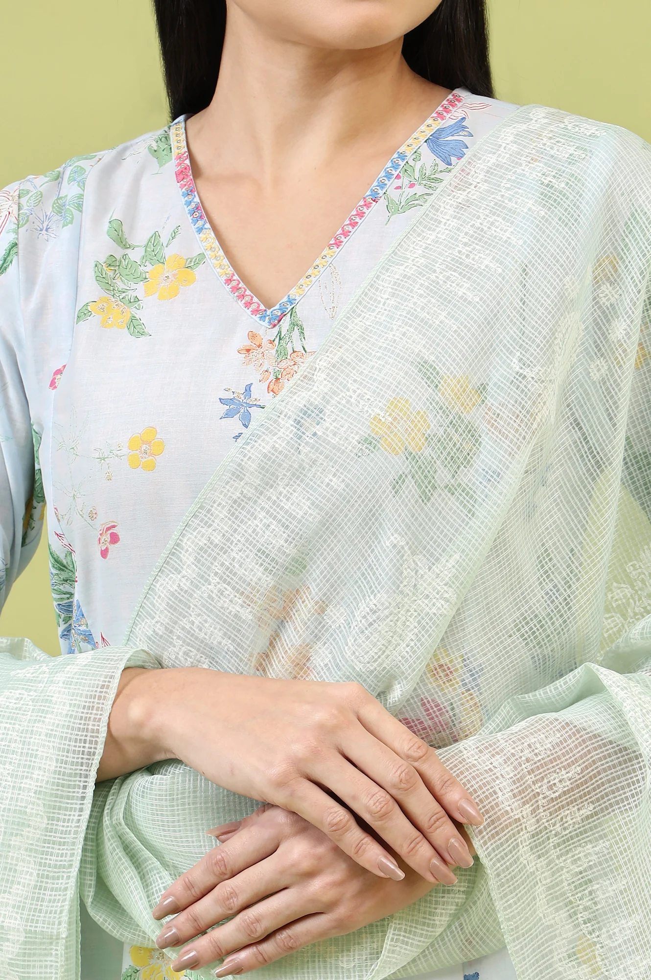 Mint Blue Floral Printed Kota Dupatta - Image 3