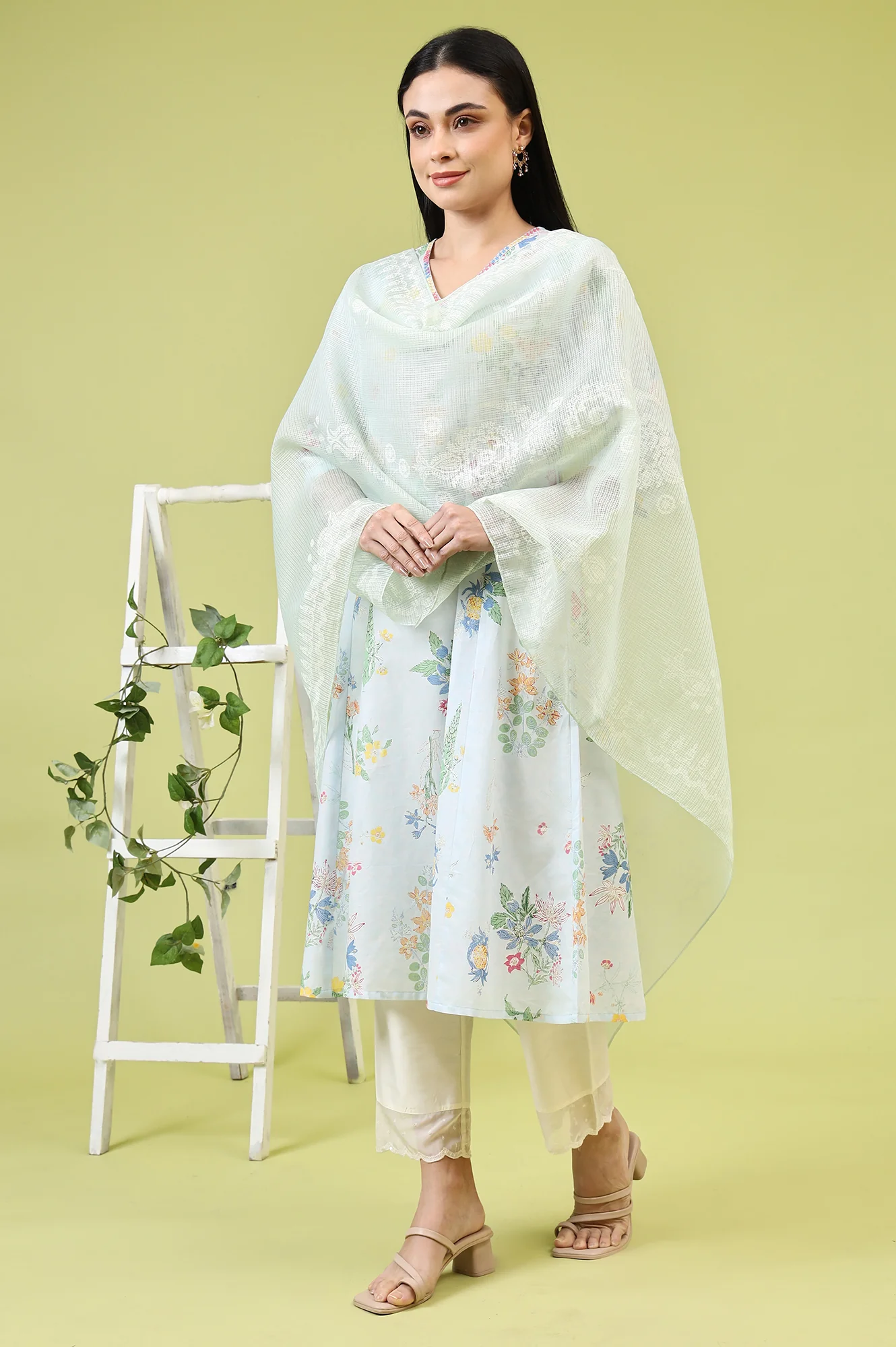 Mint Blue Floral Printed Kota Dupatta - Image 5
