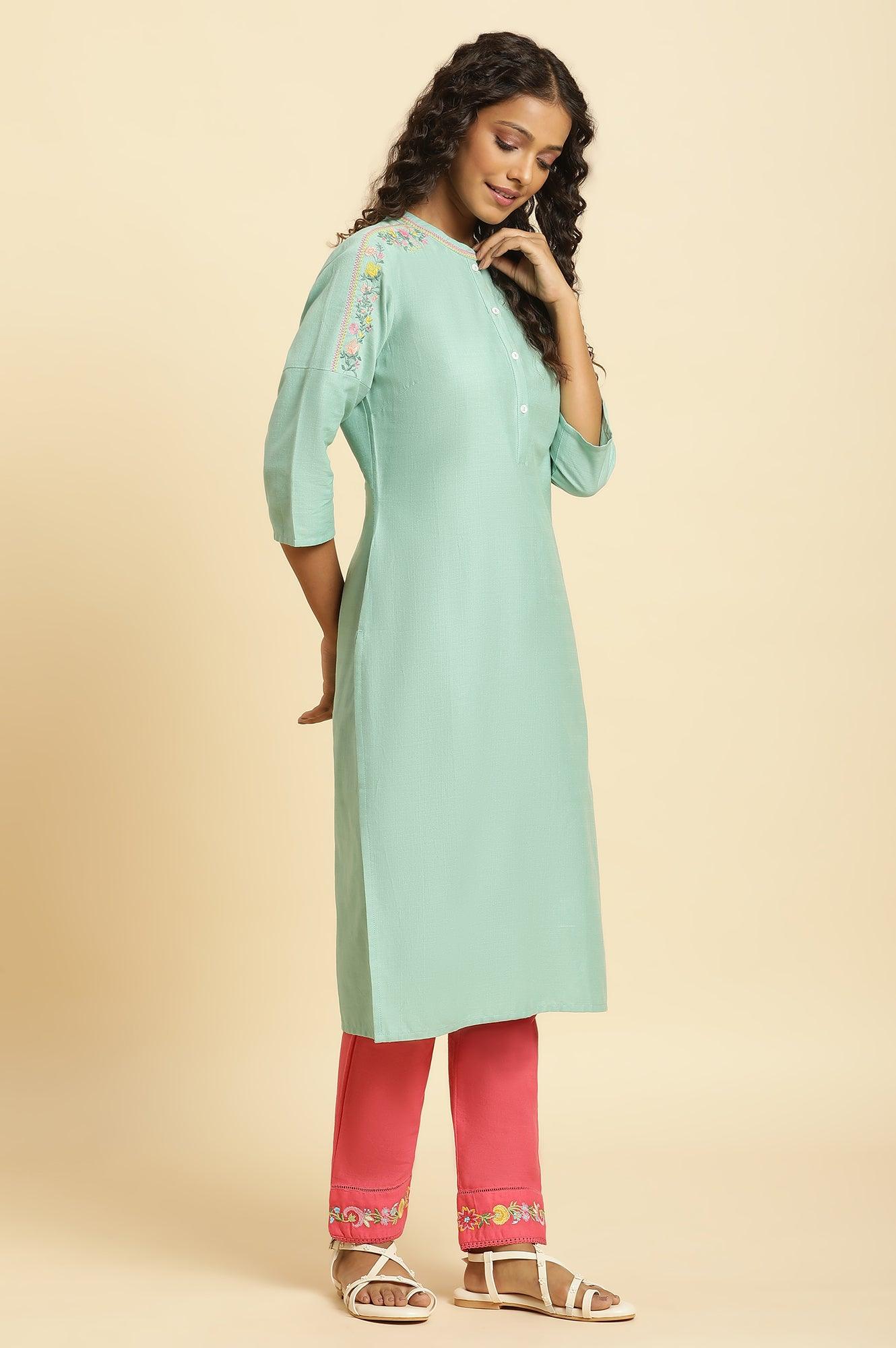 Mint Blue Solid Kurta With Embroidery On Shoulder - Image 5