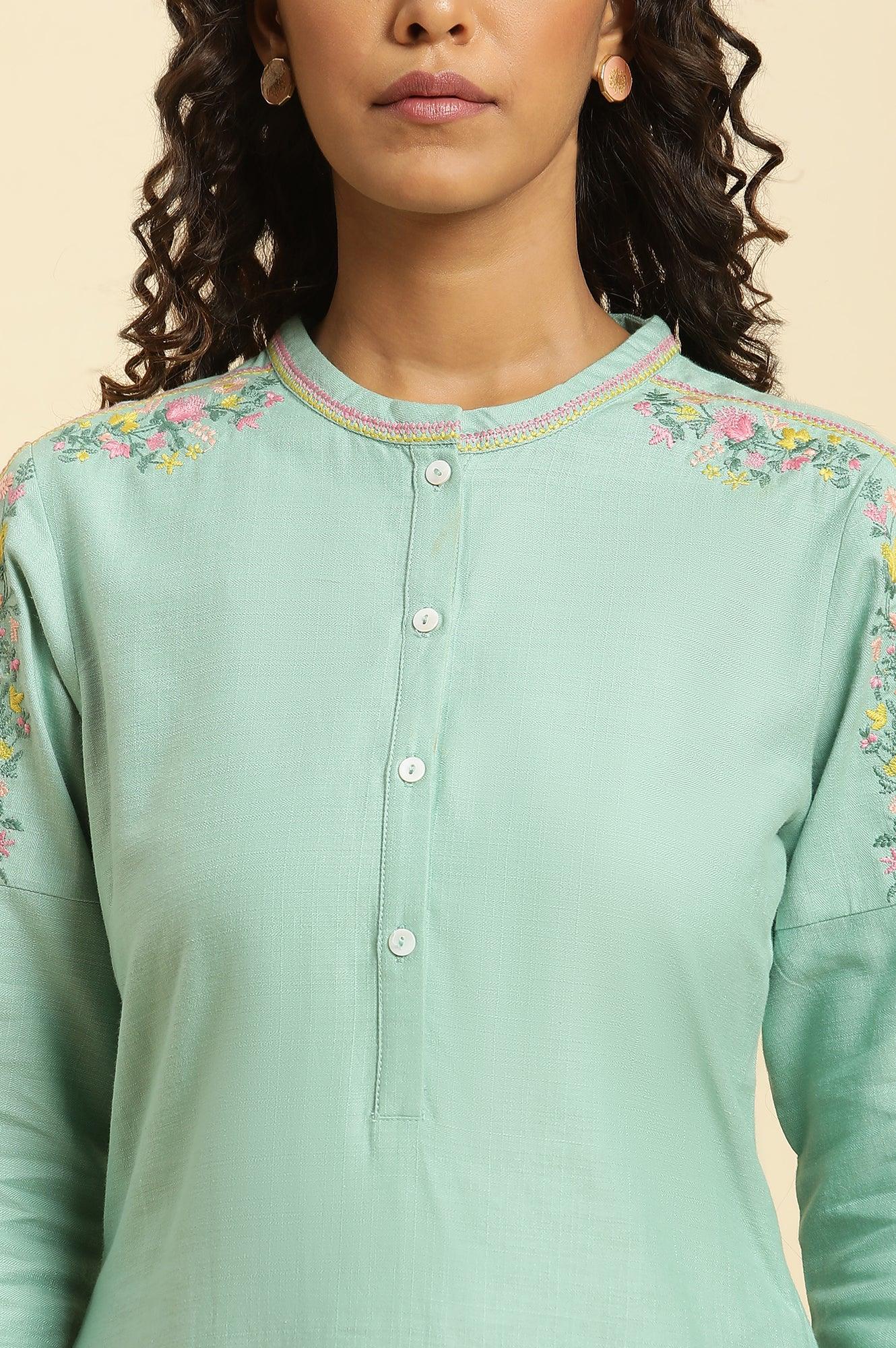 Mint Blue Solid Kurta With Embroidery On Shoulder - Image 6