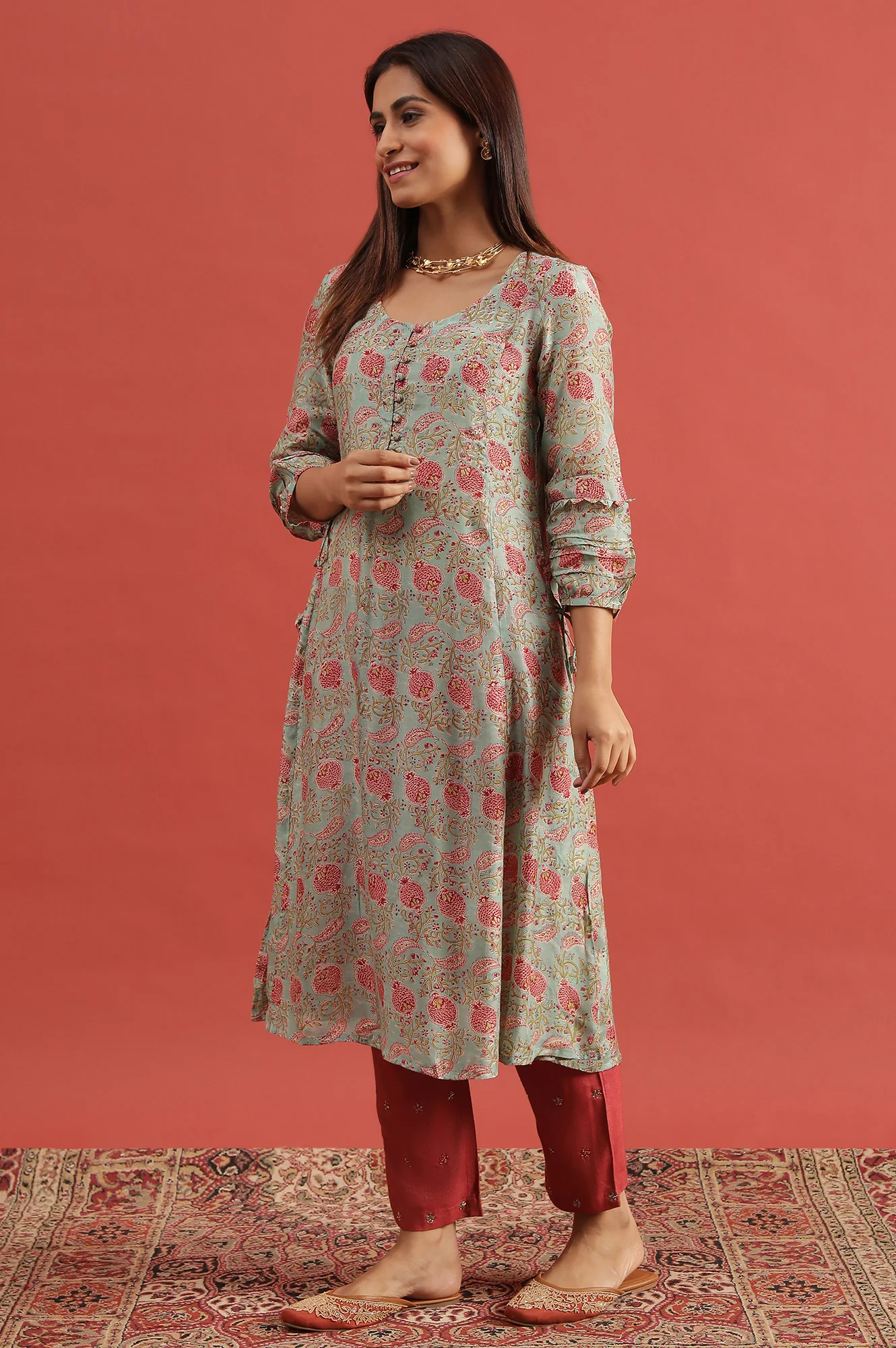 Mint Green Flared Kurta In Lyocell - Image 2