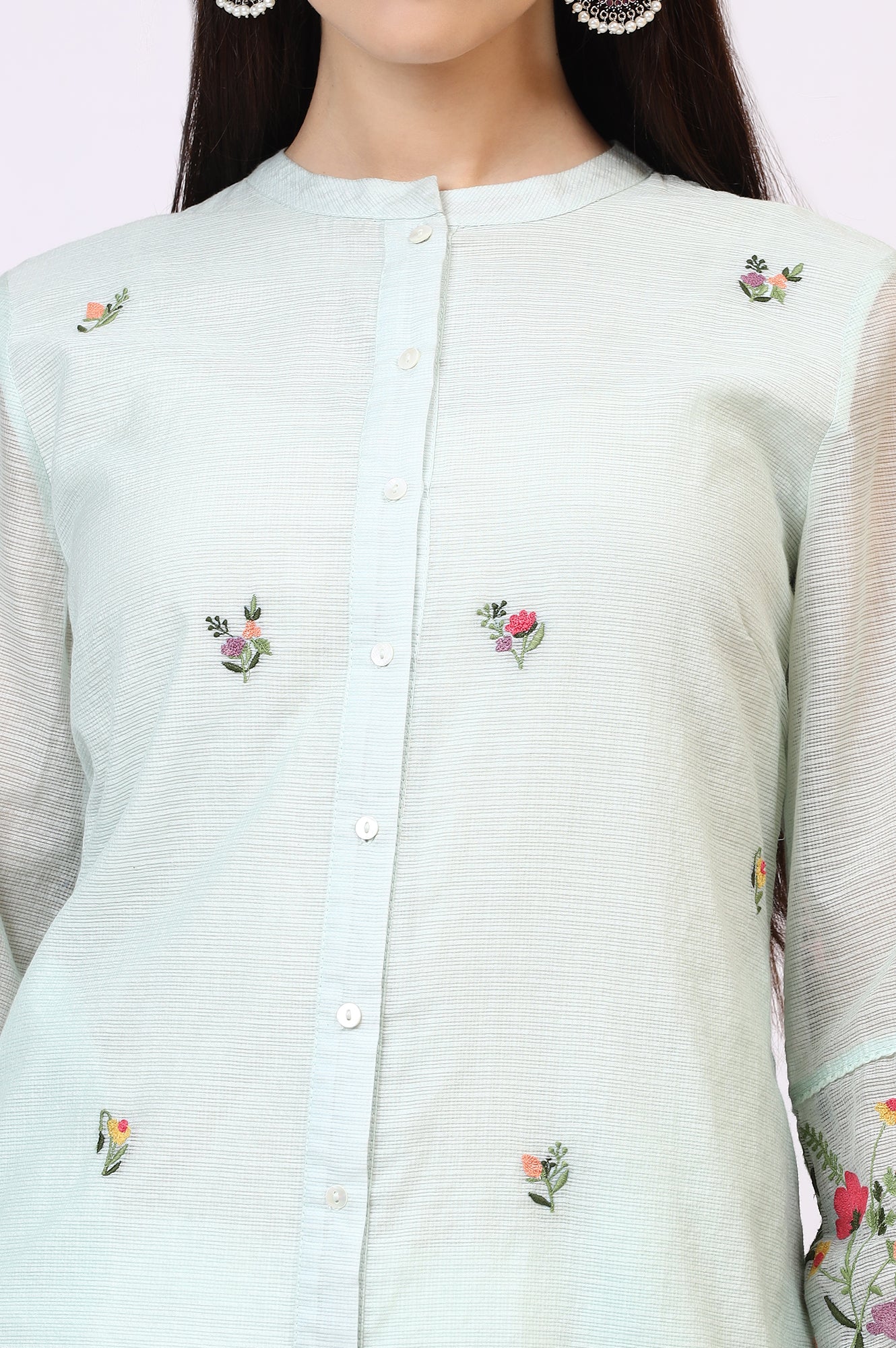 Mint Green Floral Embroidered Kota Tunic - Image 3