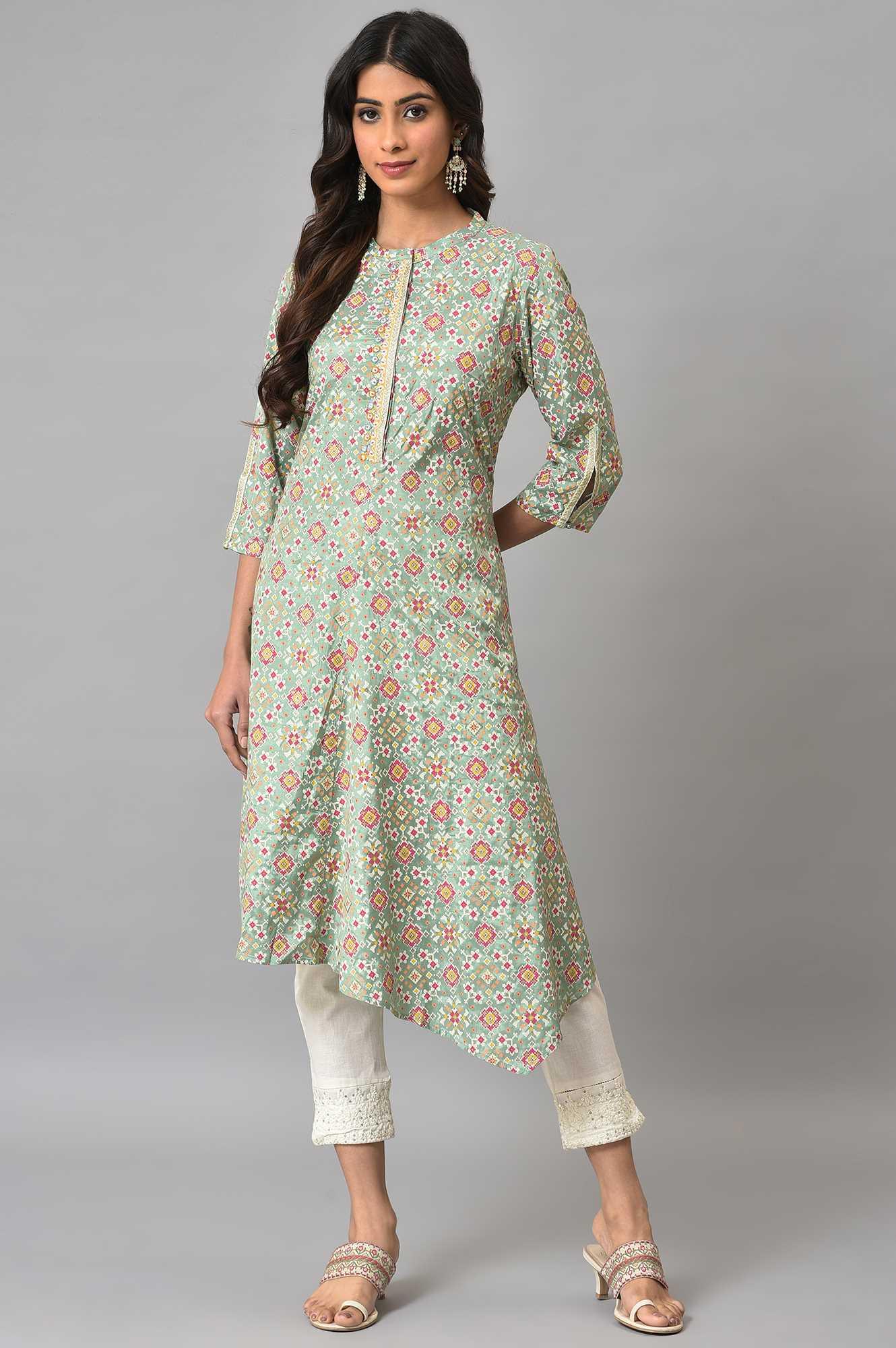 Mint Green Glitter Printed Asymmetrical kurta And Ecru Slim Pants Set - Image 9