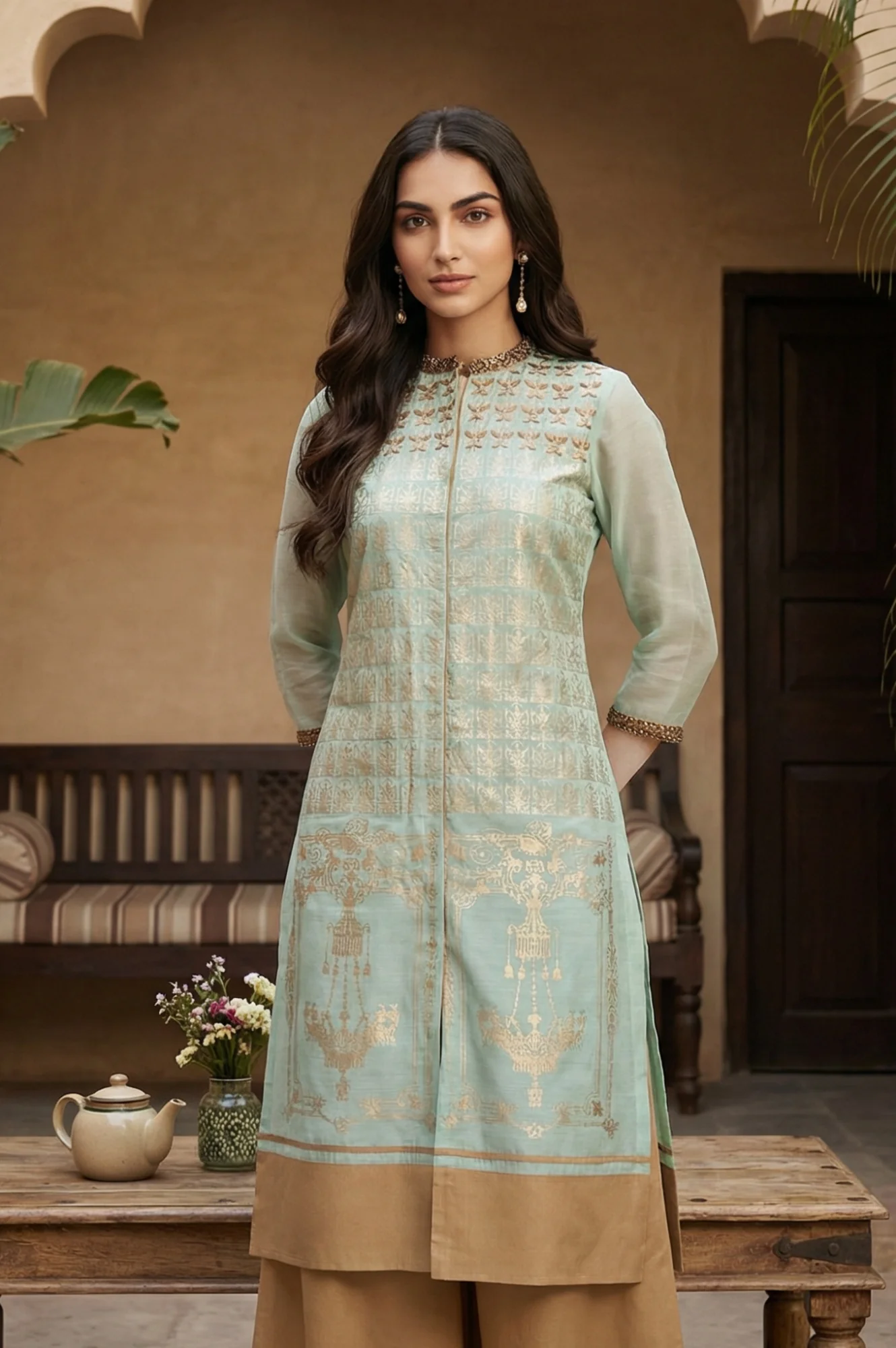 Mint Green Mandarin Neck Printed kurta - Image 2