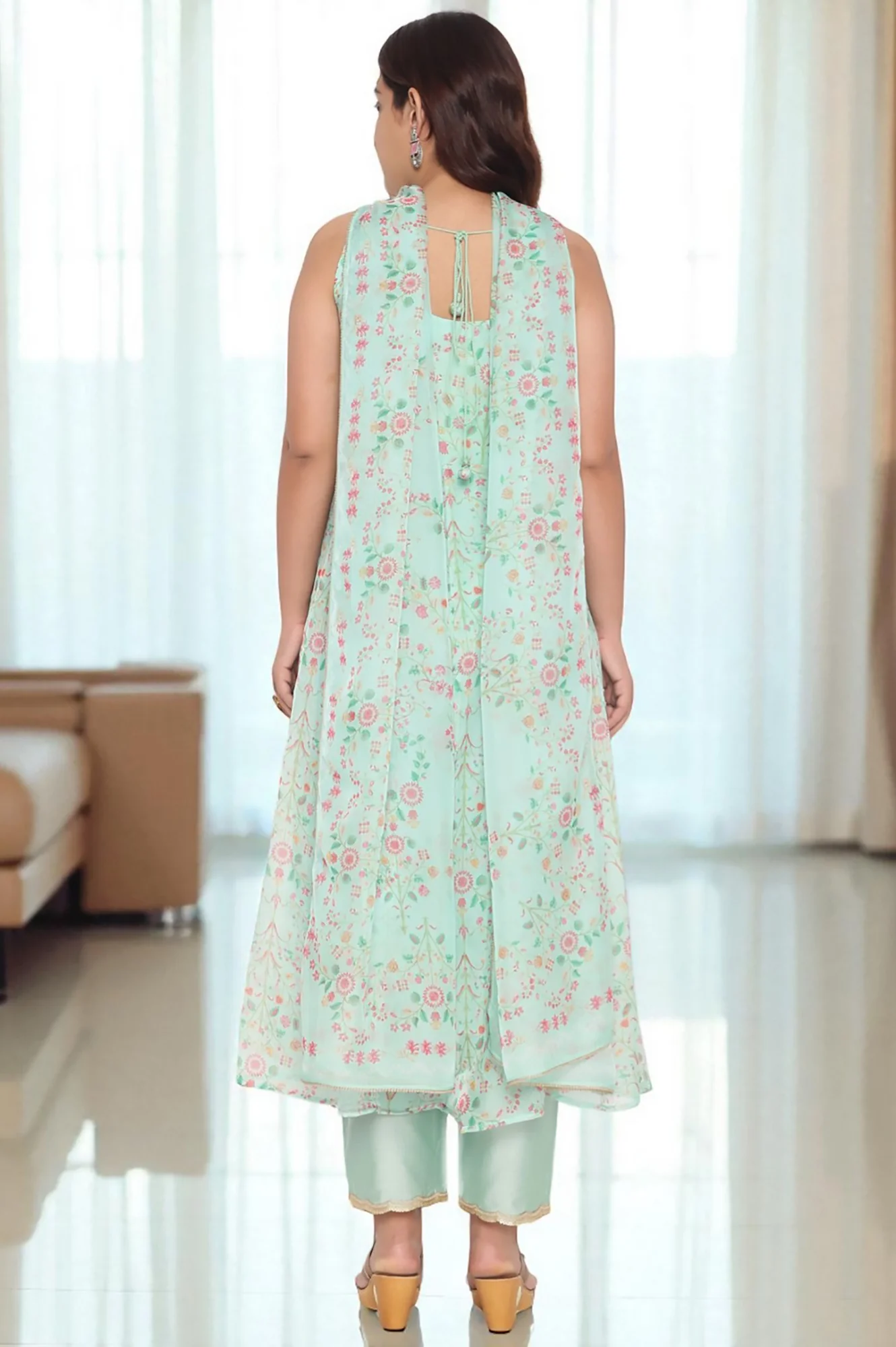 Mint Green Printed Organza Flared Kurta, Straight Pant and Dupatta Set - Image 4