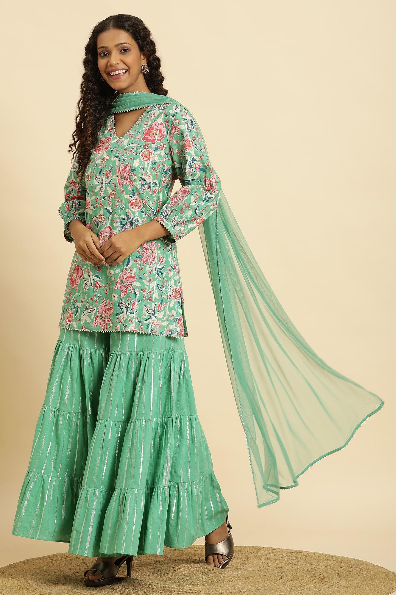 Mint Green Printed Short Kurta, Tiered Sharara and Dupatta Set - Image 2