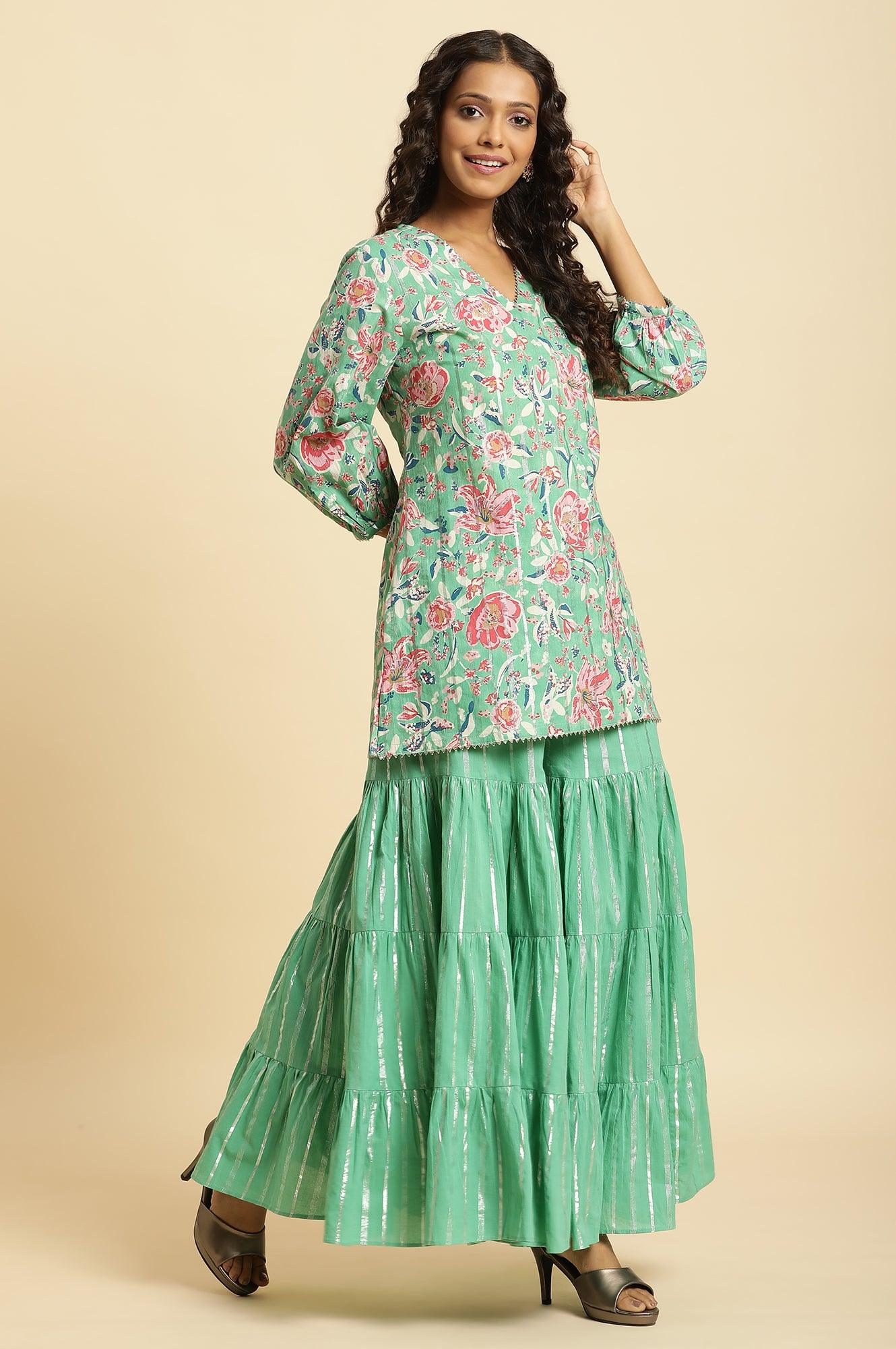 Mint Green Printed Short Kurta, Tiered Sharara and Dupatta Set - Image 6