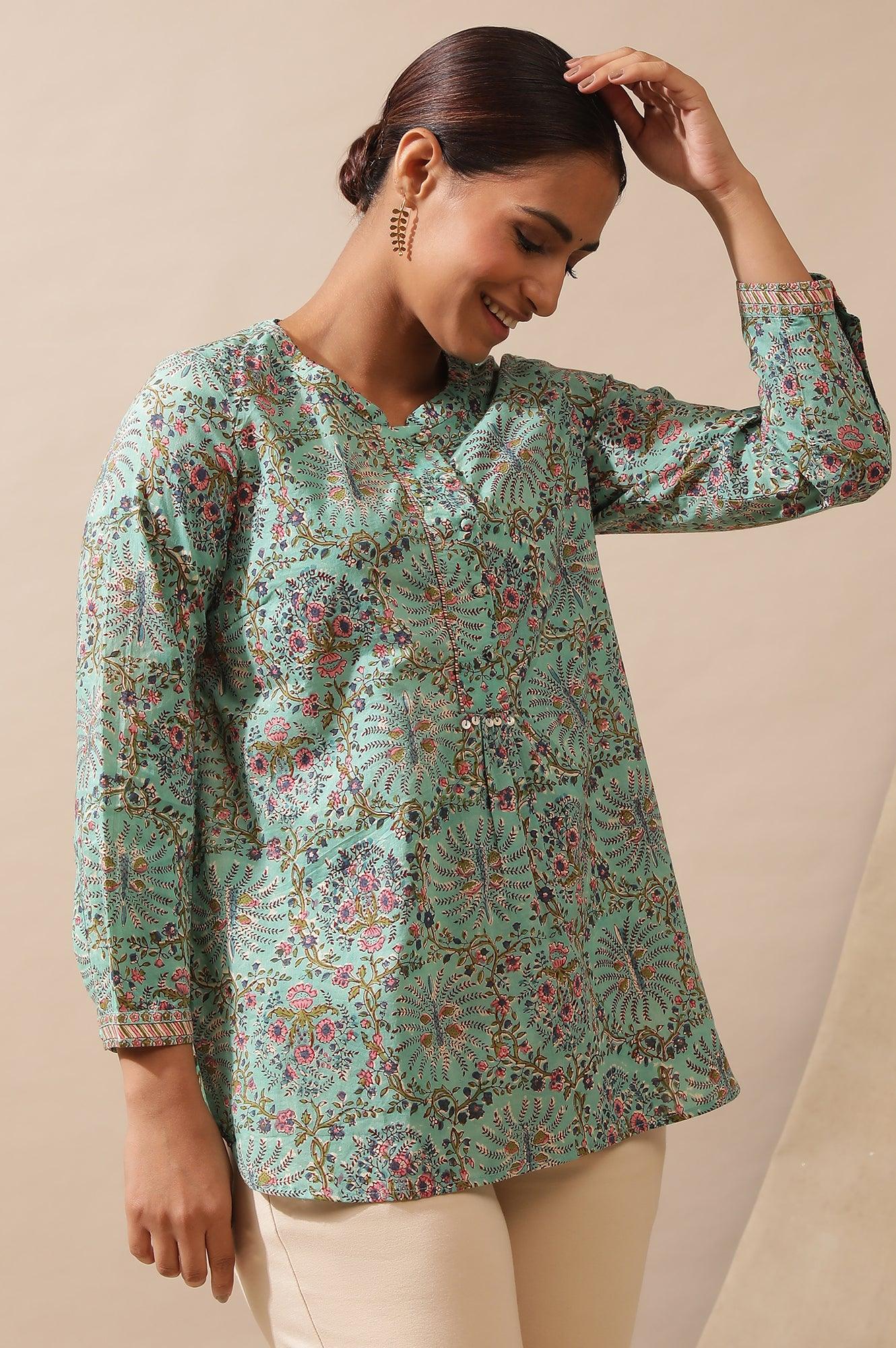 Mist Green Hand Block Printed Top - Image 5