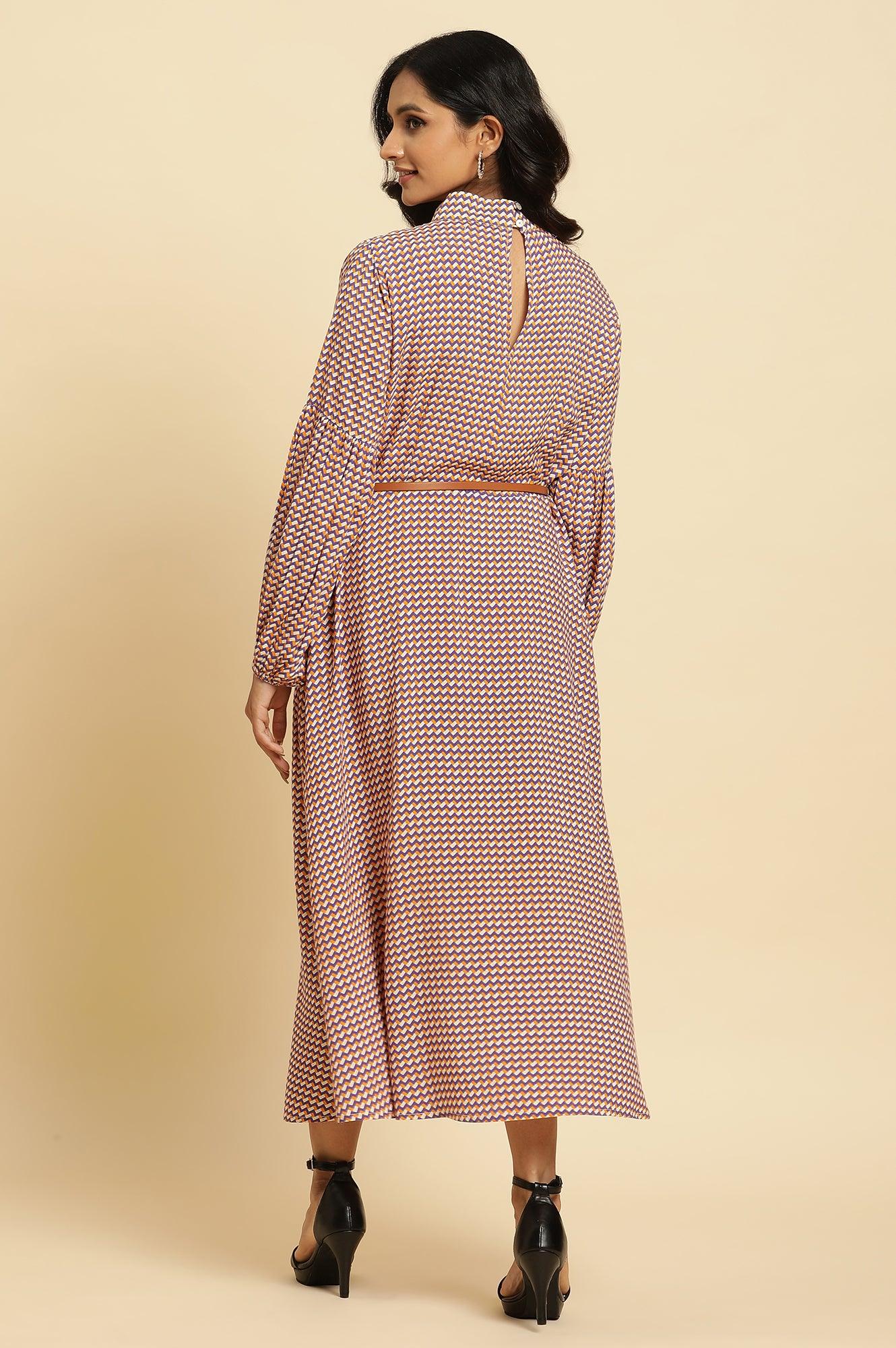 Multi-Coloured A-Line Geometric Printed Dress - Image 4