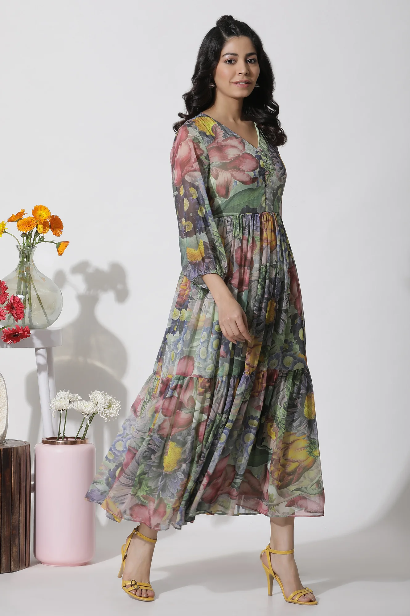 Multi-Coloured Floral Printed Tiered Dress - Image 7