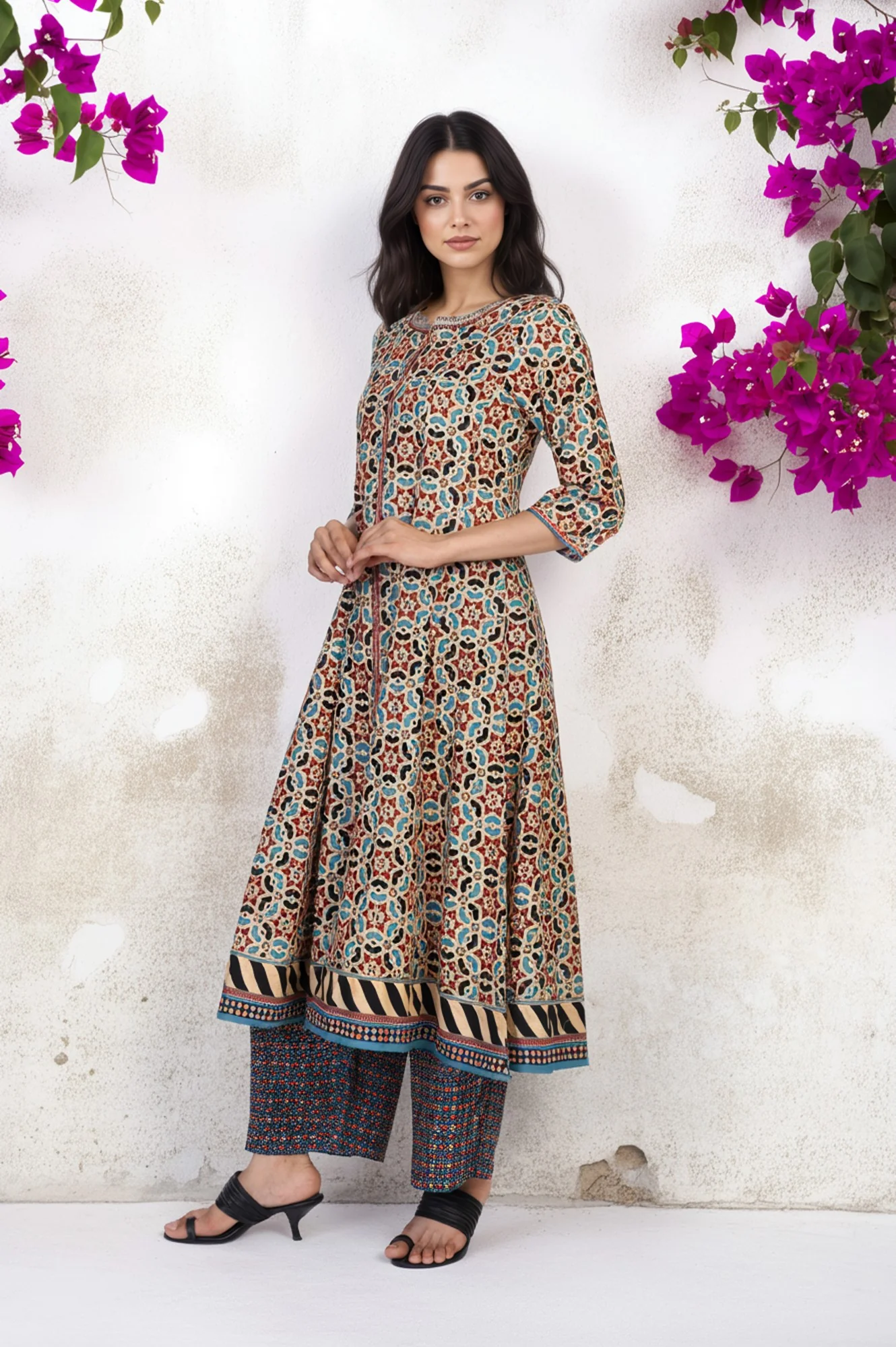 Multicolor Geometric printed Flared Cotton Kurta with Parallel Pant Set - Image 6