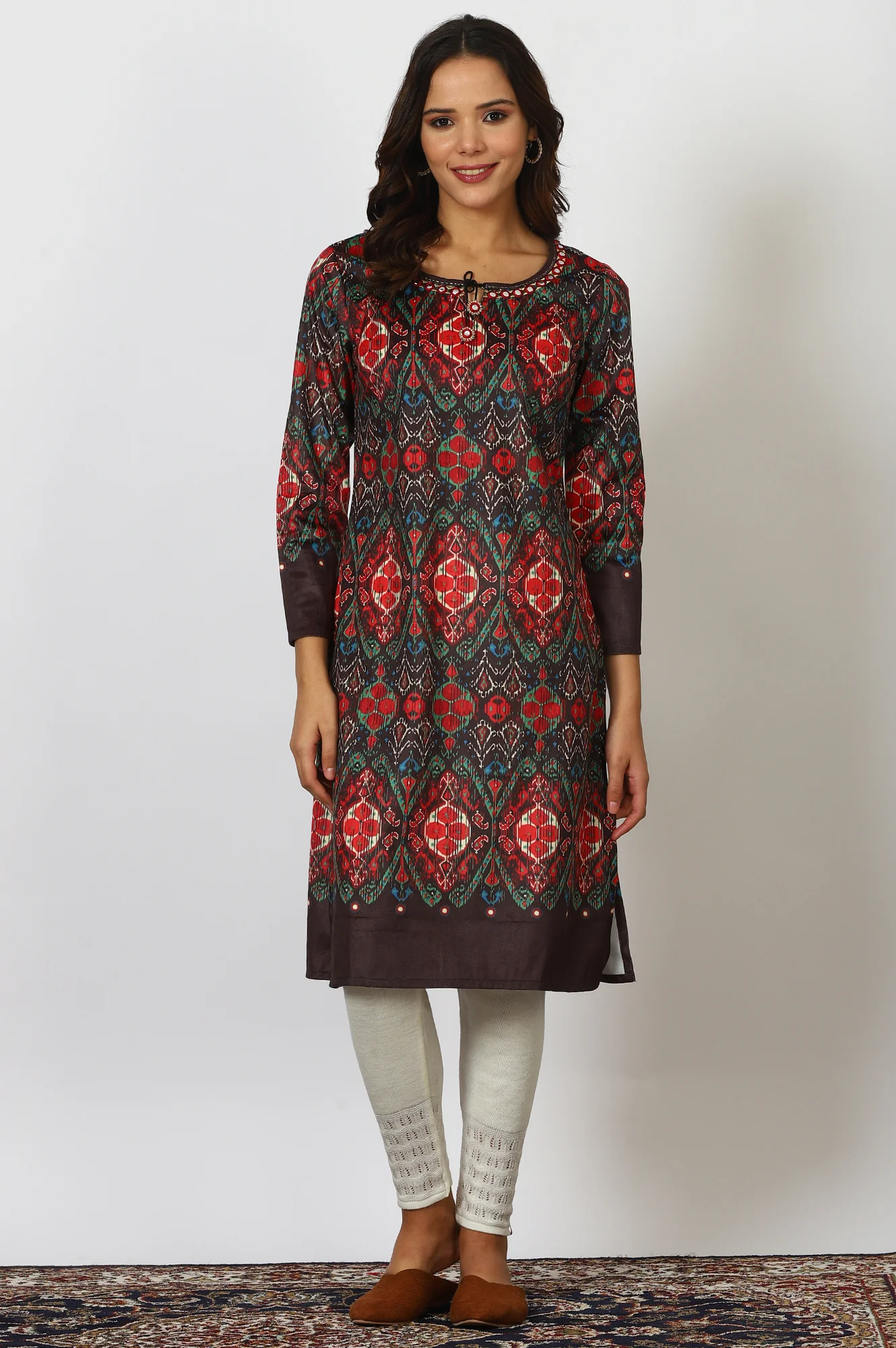 Multicolour Printed Mirror Work Straight Kurta - Image 2