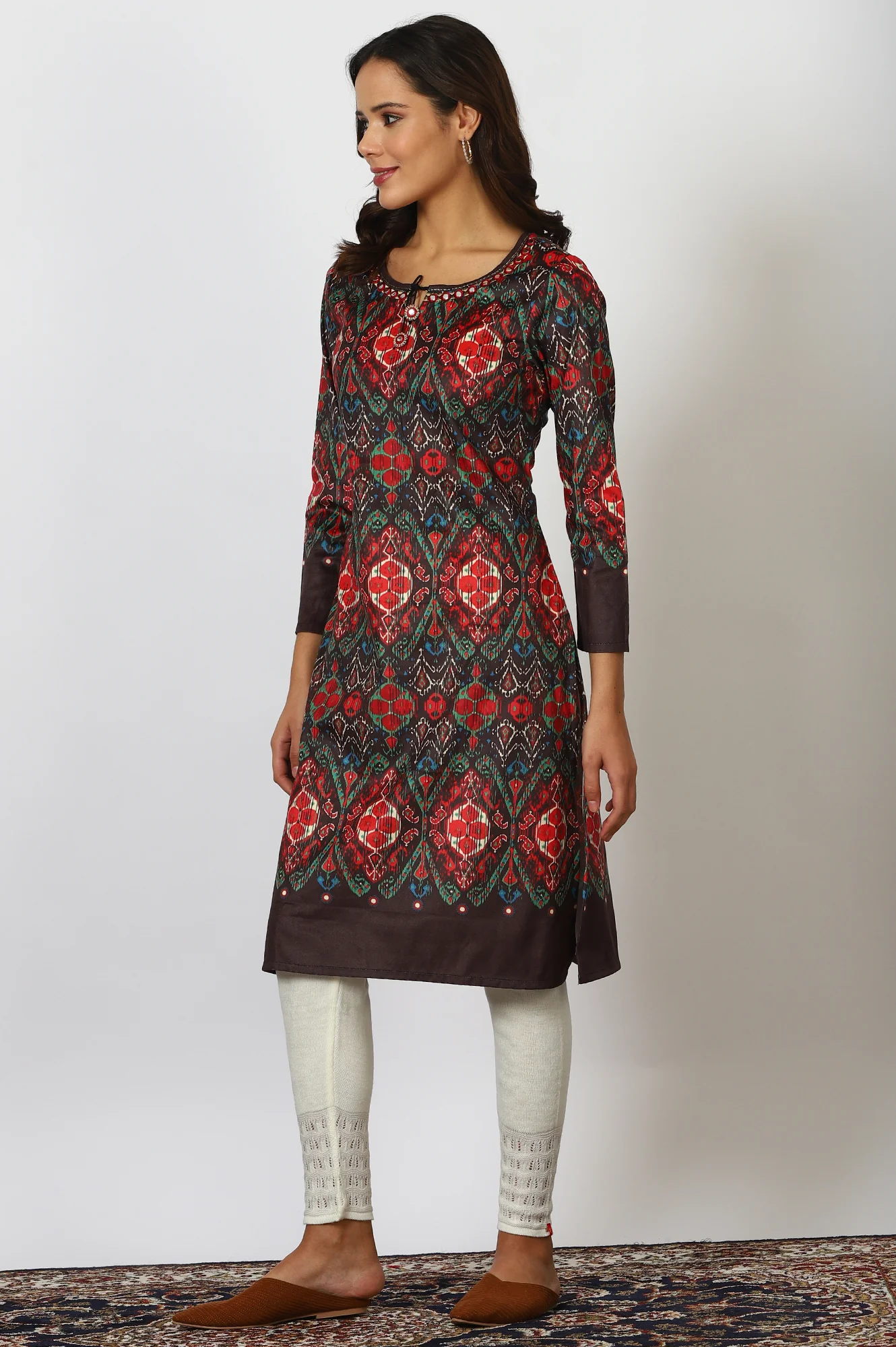 Multicolour Printed Mirror Work Straight Kurta - Image 4