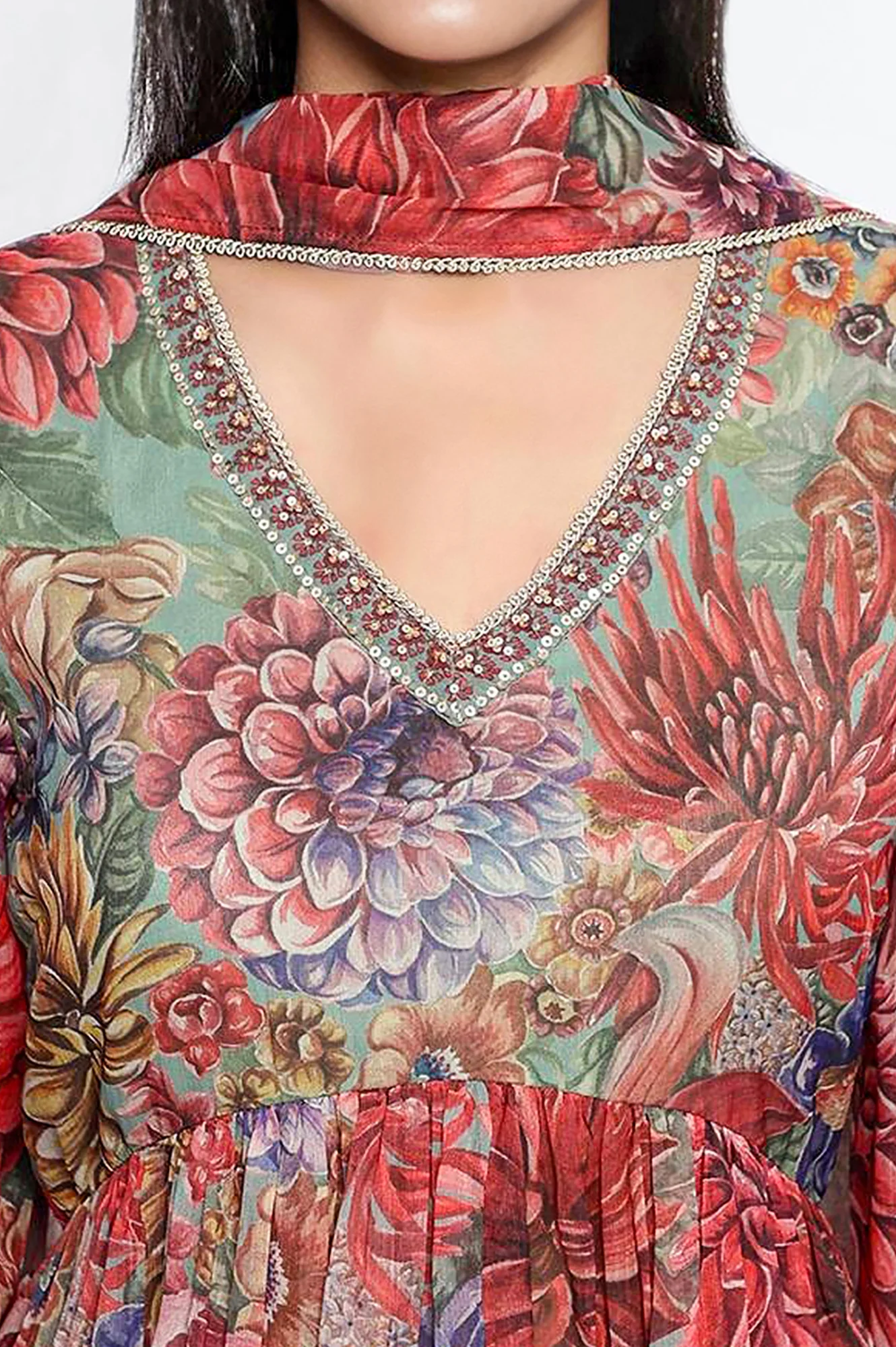 Multicolour Printed Silver Chiffon Flared Kurta, Sharara and Dupatta Set - Image 2