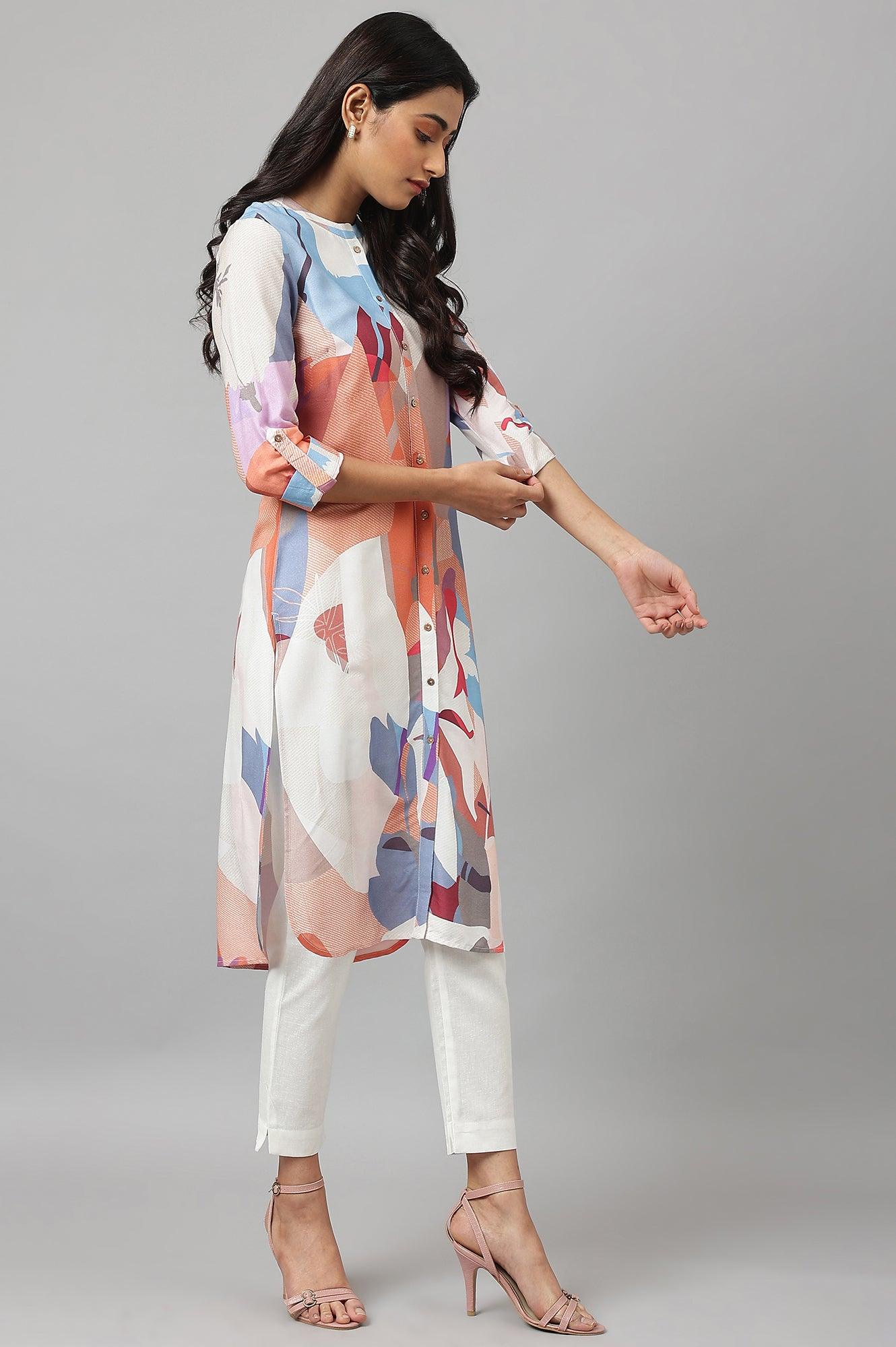 Multicoloured Full Placket Mandarin Collar kurta - Image 6