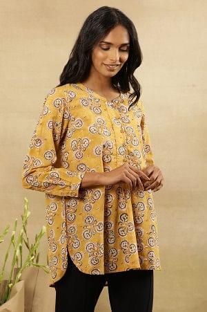 Mustard Block Print Top With Curved Hemline - Image 4