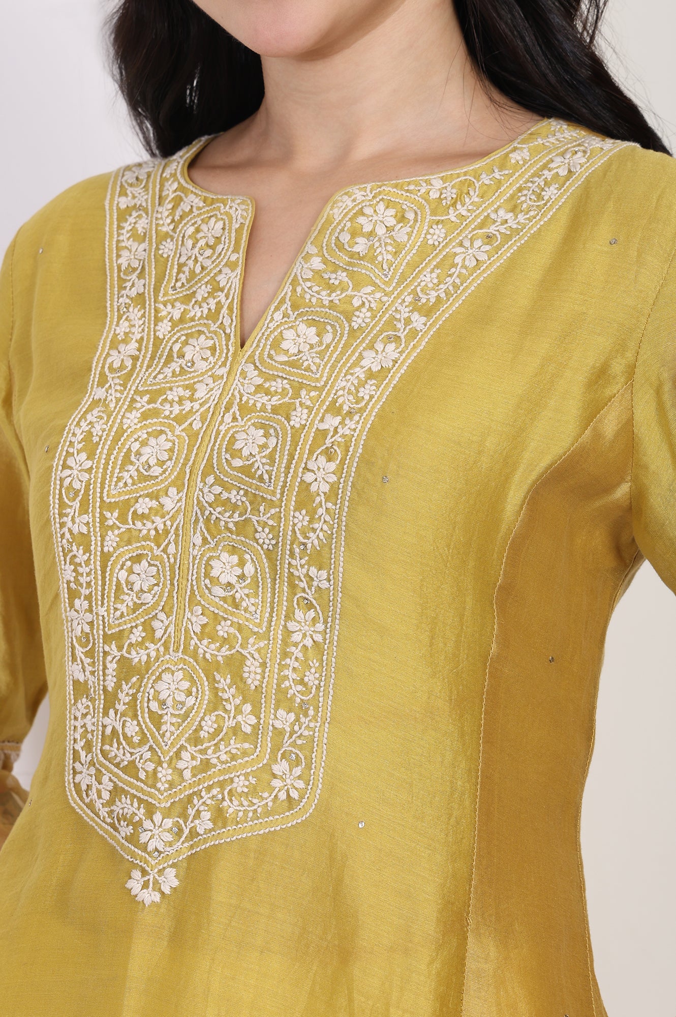 Mustard Embroidered A-Line Cotton Kurta - Image 3
