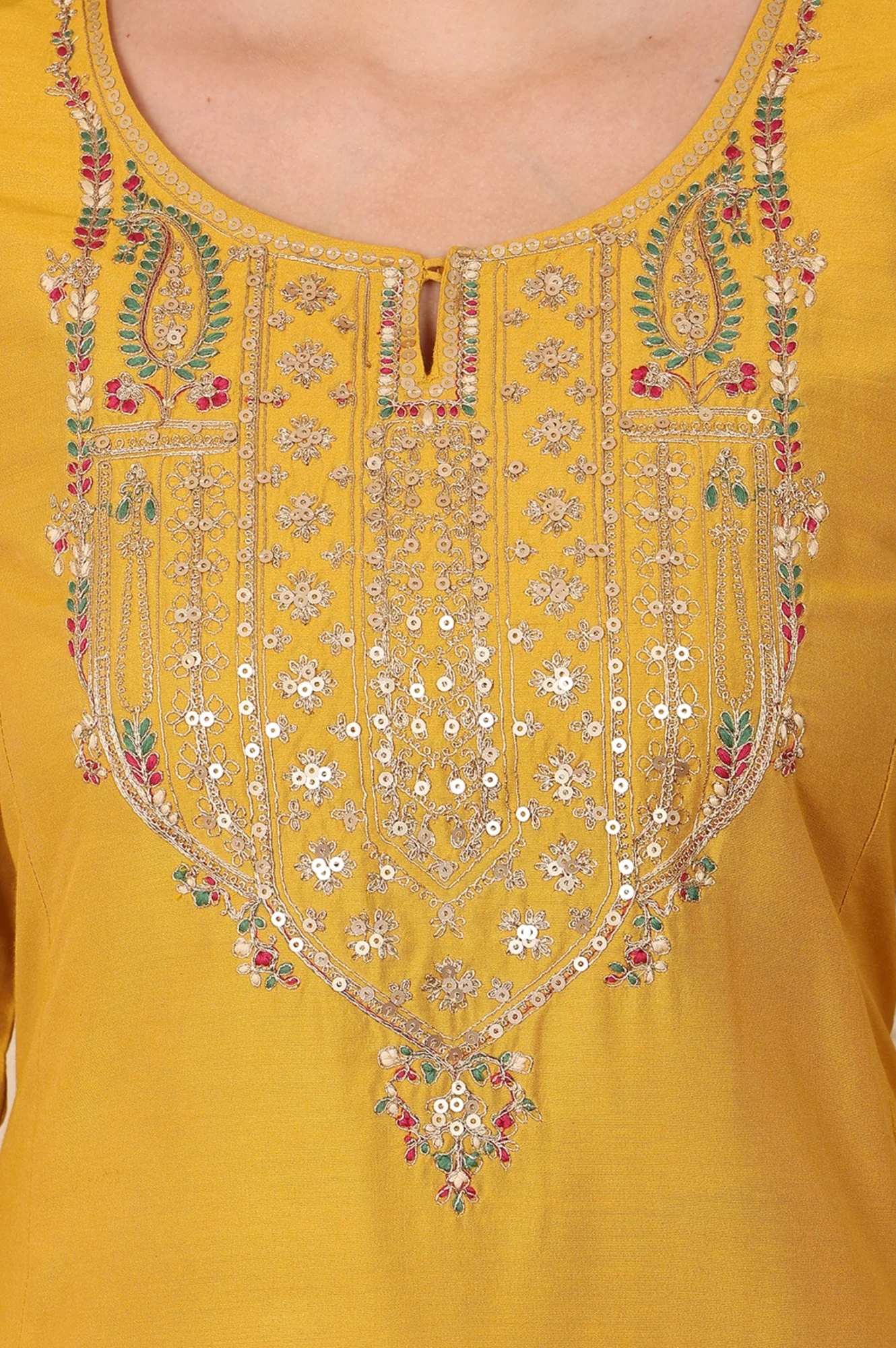 Mustard Embroidered A-Line Rayon Kurta - Image 3