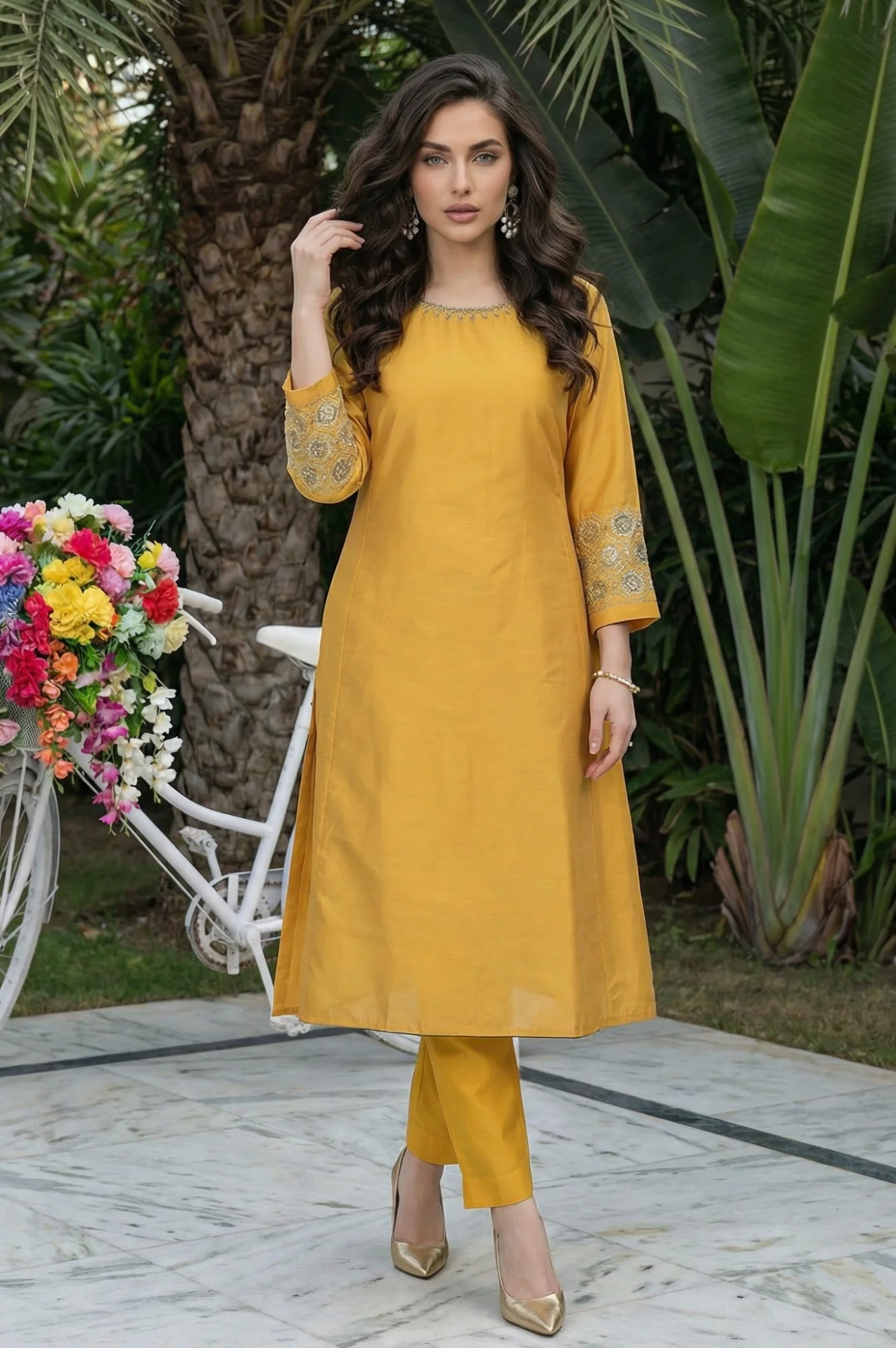 Mustard Embroidered A-Line Rayon Kurta