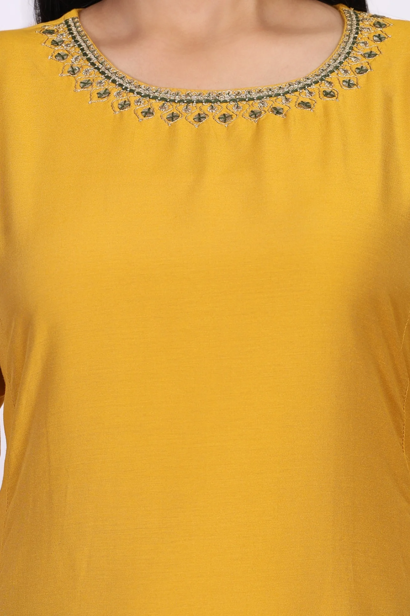 Mustard Embroidered A-Line Rayon Kurta - Image 3