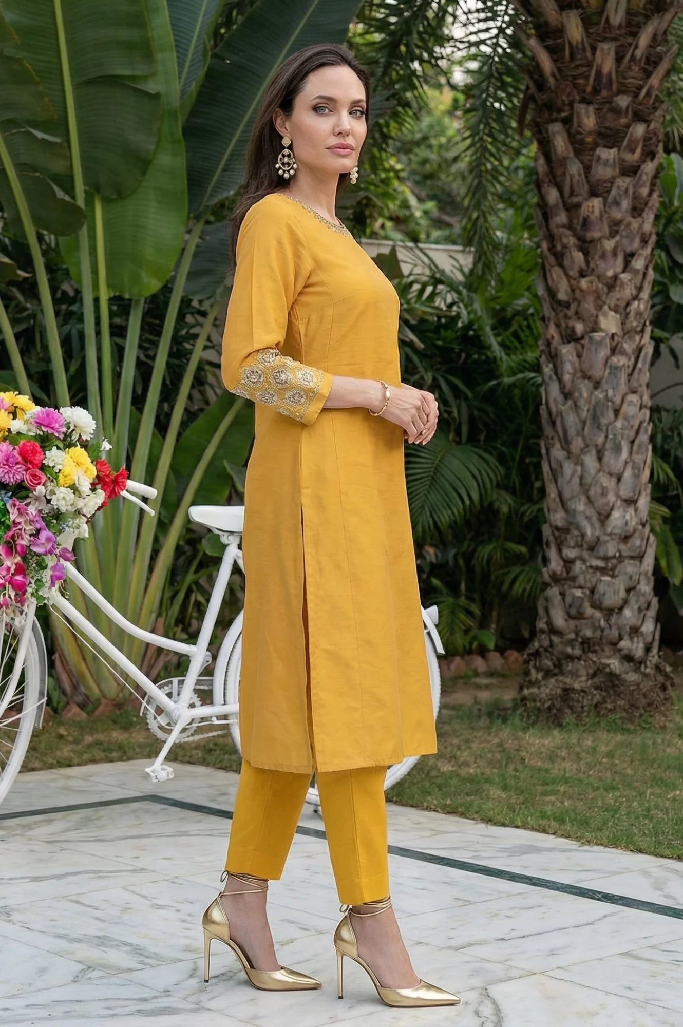 Mustard Embroidered A-Line Rayon Kurta - Image 6