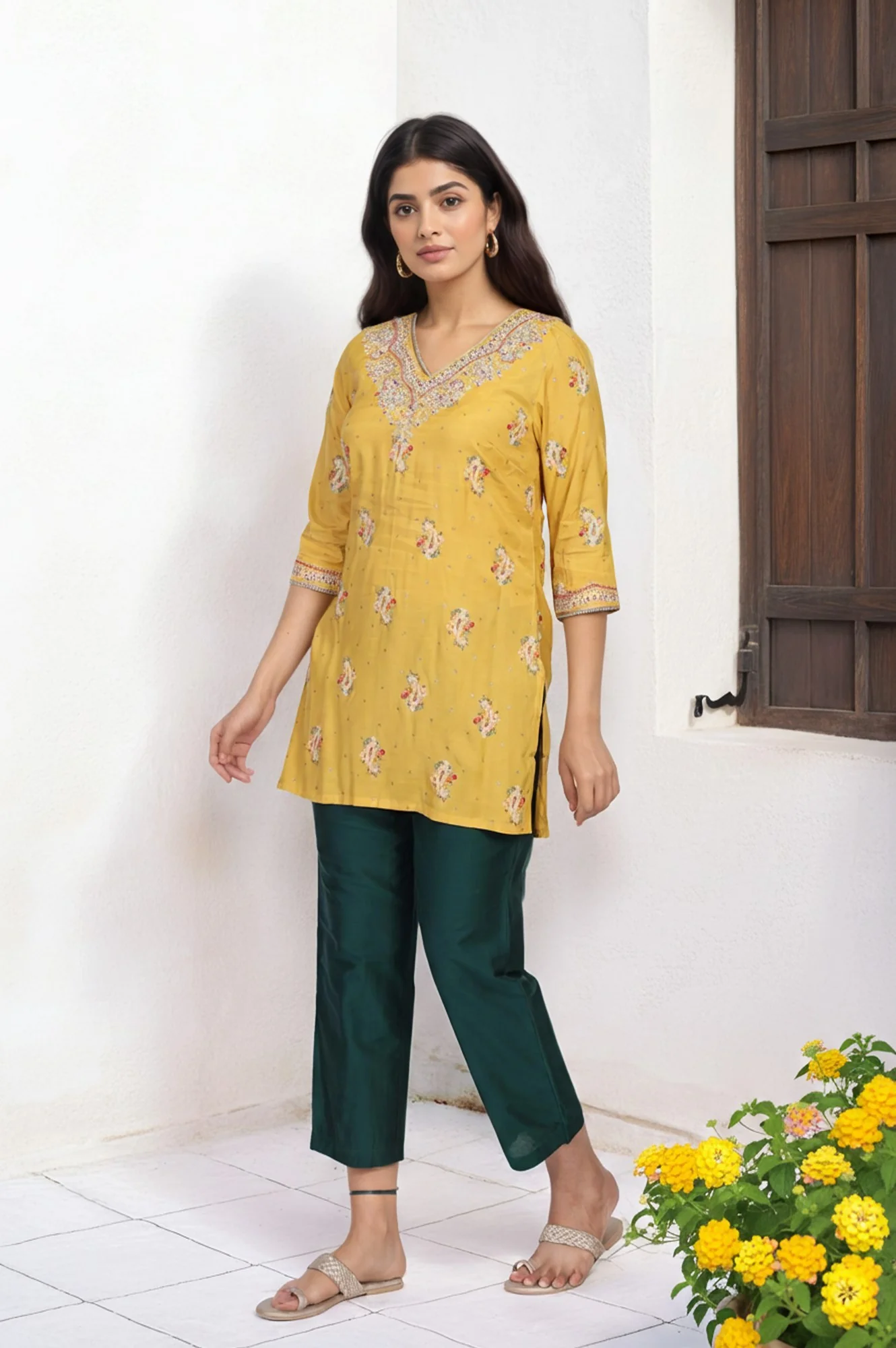 Mustard Embroidered Straight Rayon Kurta - Image 6