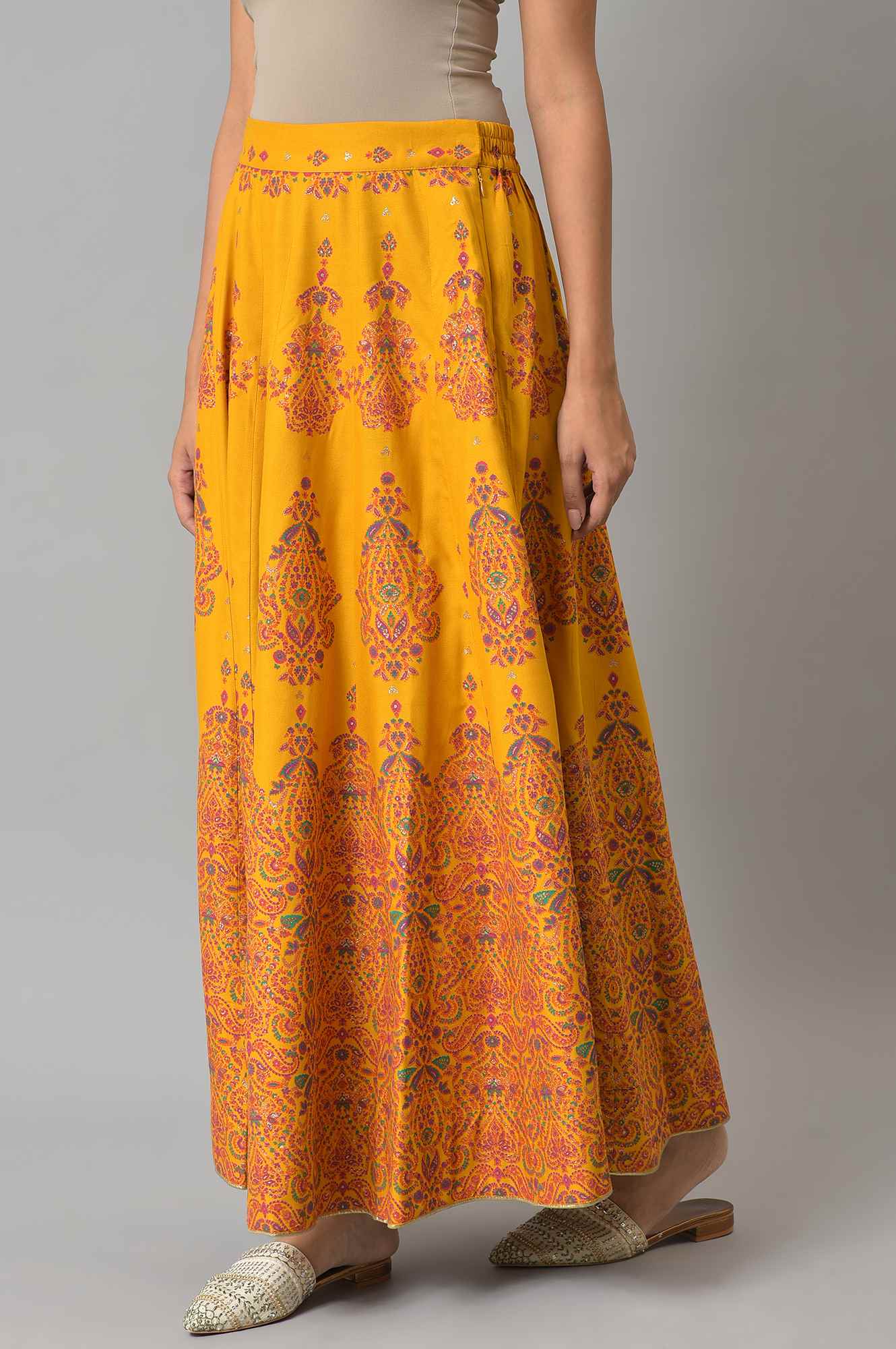 Mustard Flared Skirt With Multicoloured Floral Print - Image 4