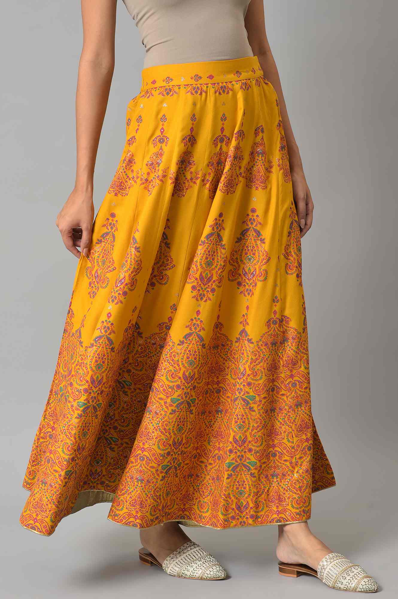Mustard Flared Skirt With Multicoloured Floral Print - Image 5