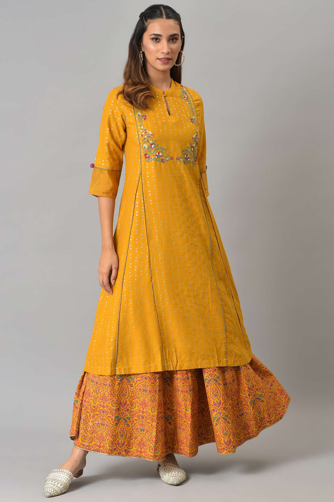 Mustard Flared Skirt With Multicoloured Floral Print - Image 6
