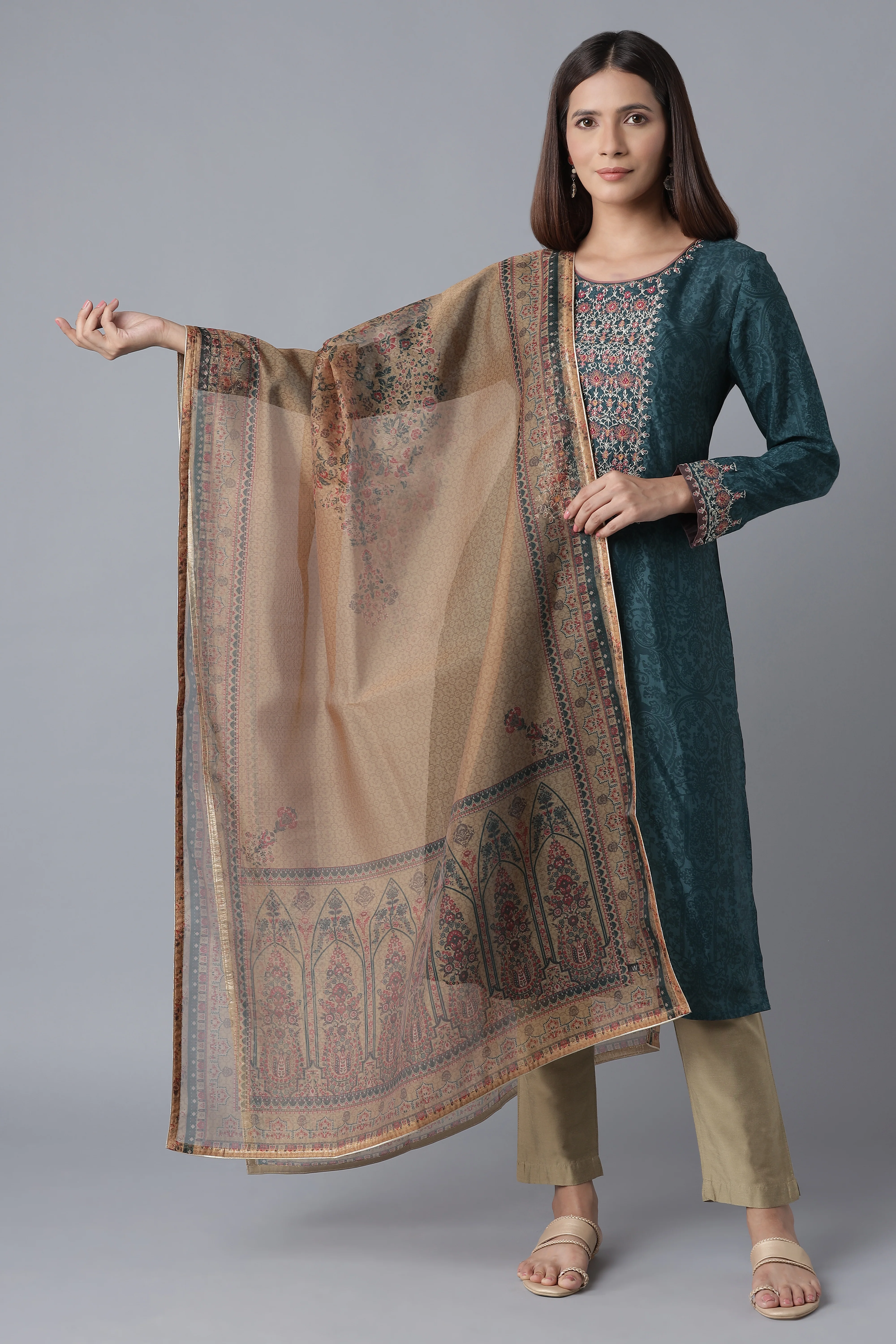 Mustard Floral Print Organza Dupatta