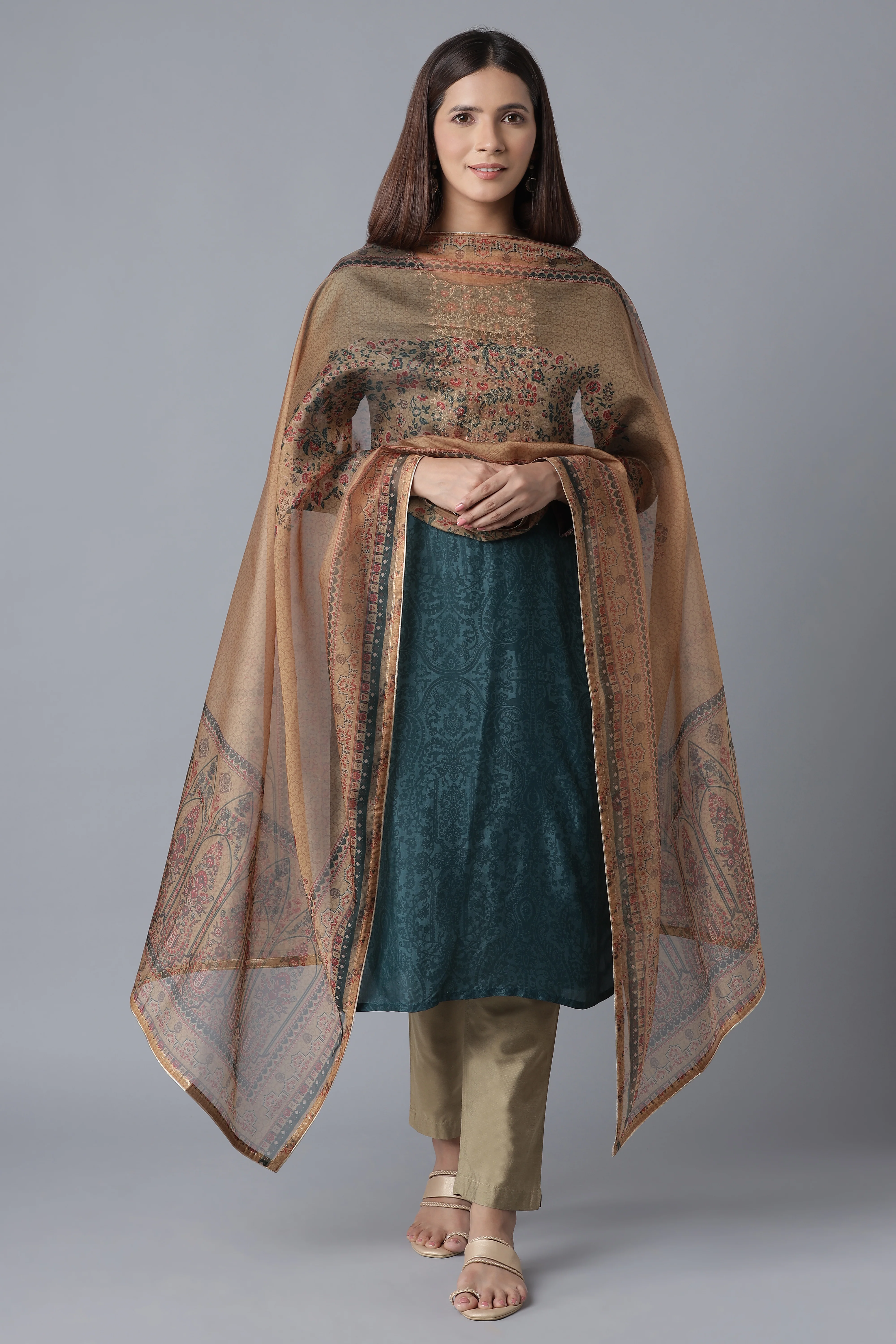Mustard Floral Print Organza Dupatta - Image 2