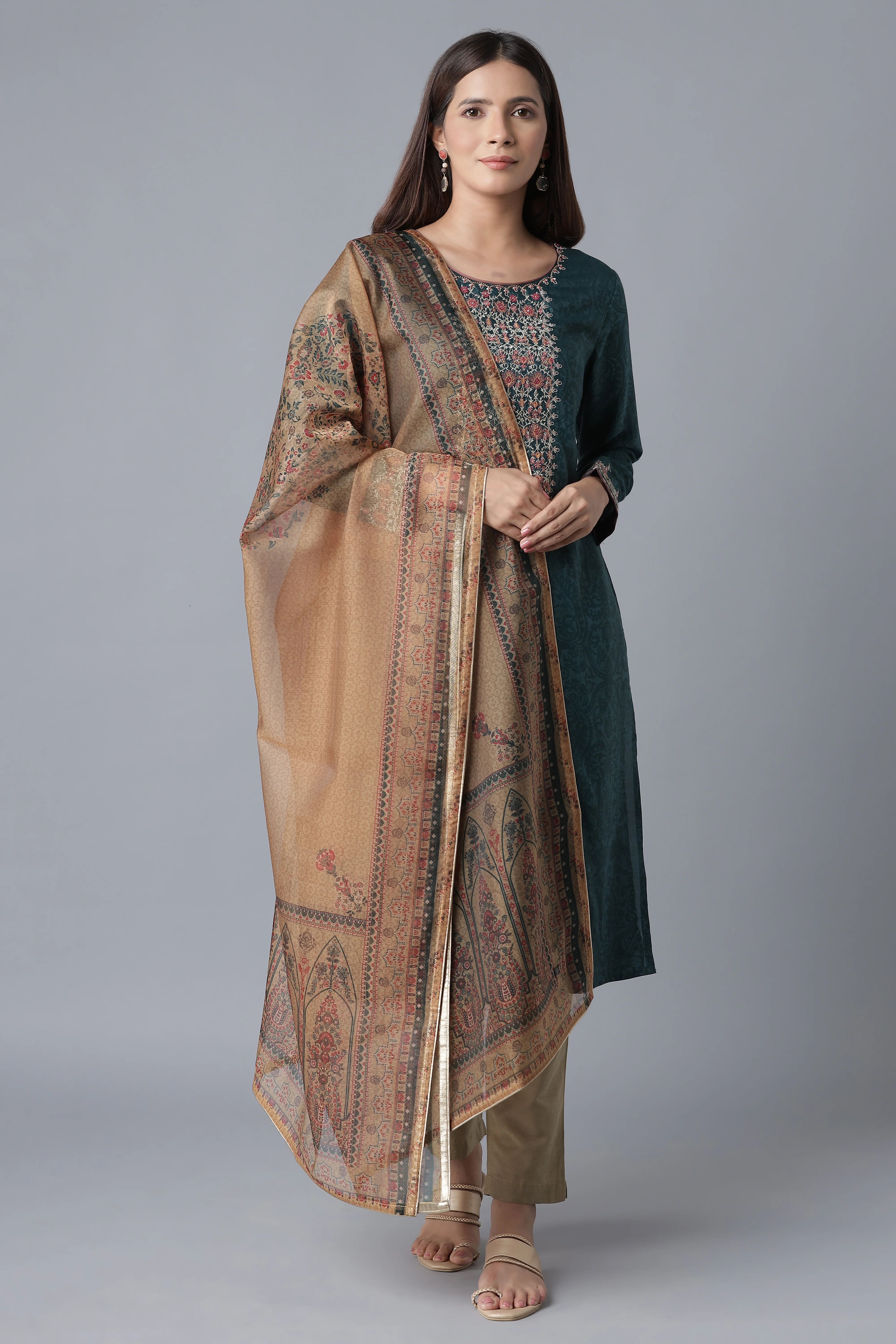 Mustard Floral Print Organza Dupatta - Image 3