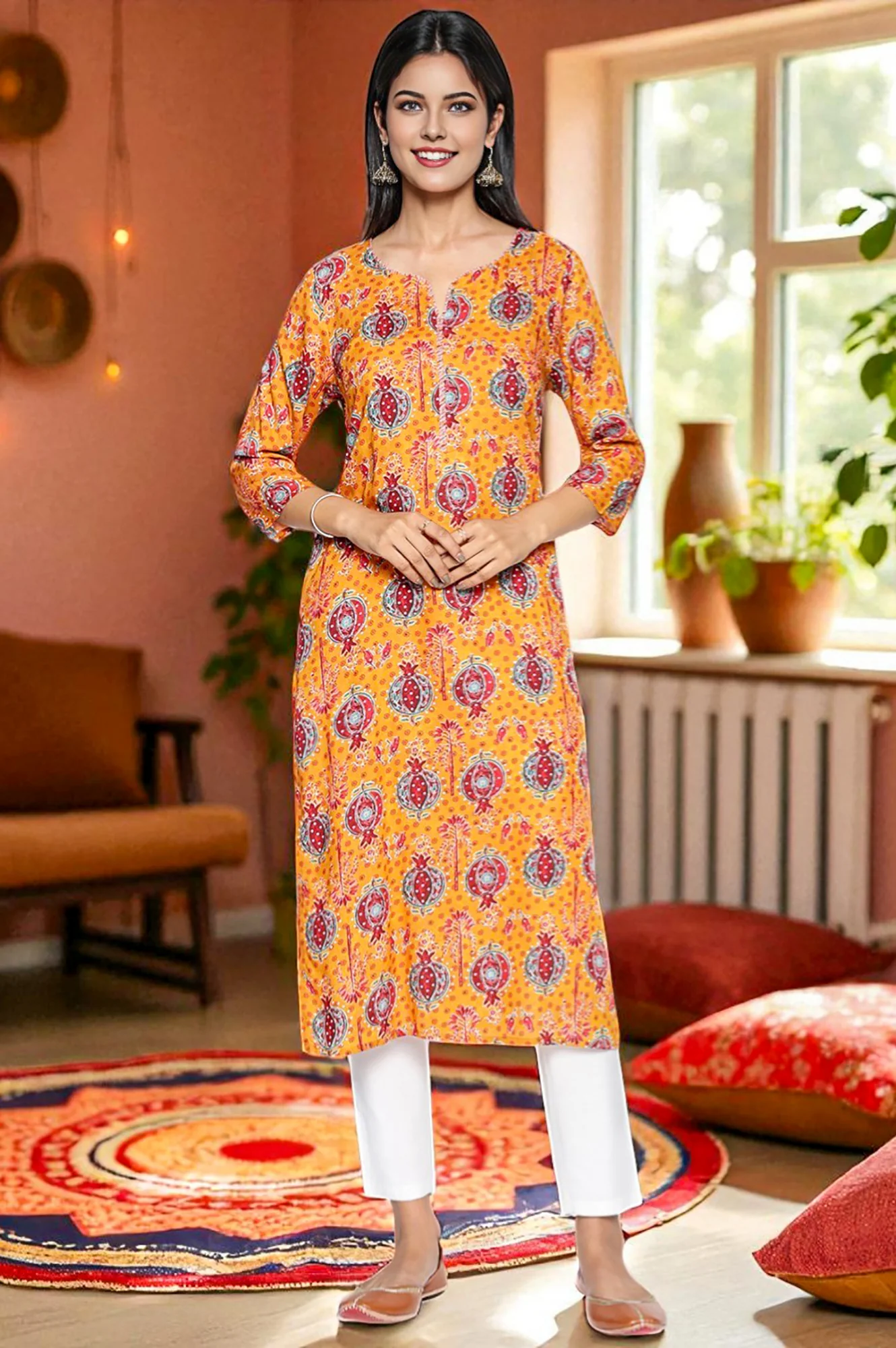 Mustard Floral Print Thread Work Straight Modal Kurta - Image 2