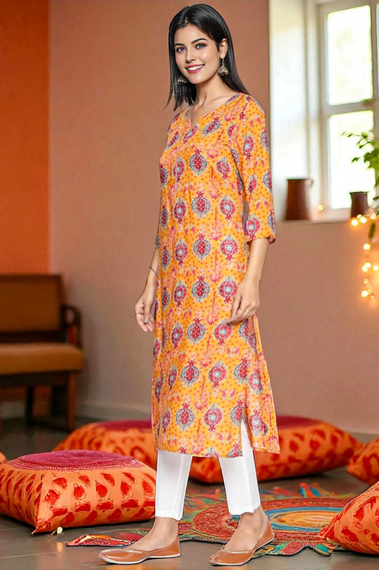 Mustard Floral Print Thread Work Straight Modal Kurta - Image 4