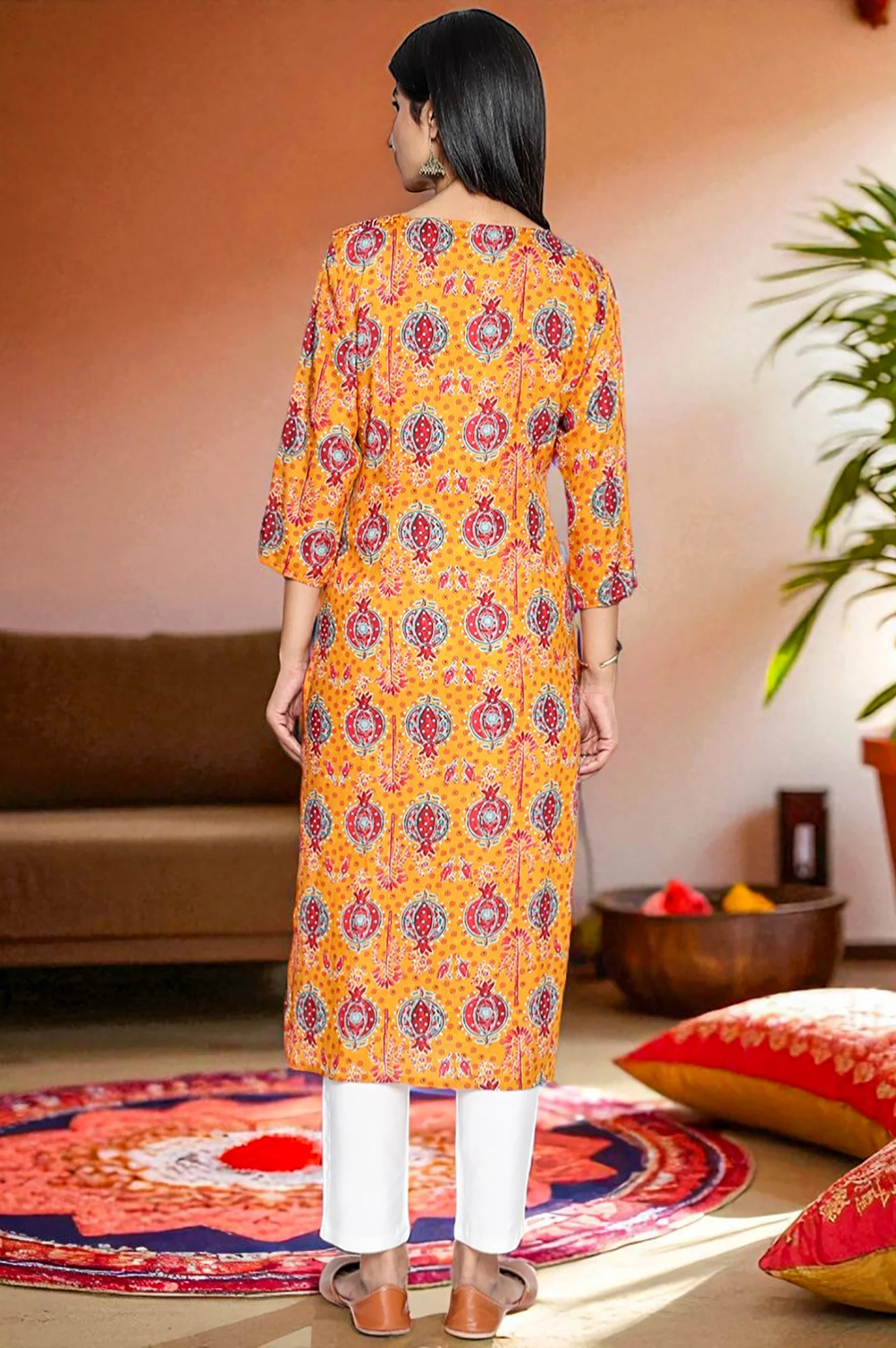 Mustard Floral Print Thread Work Straight Modal Kurta - Image 5