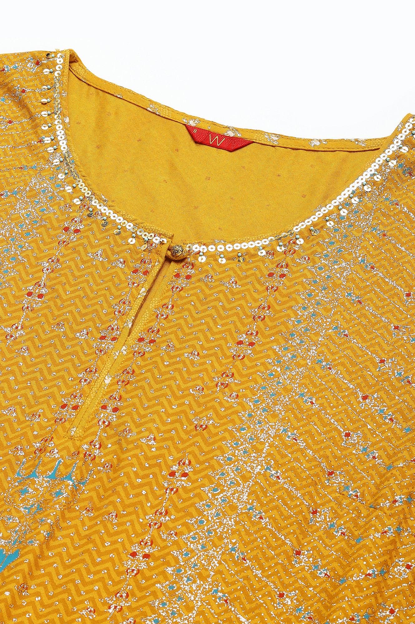Mustard Floral Printed Kalidar Dress - Image 2